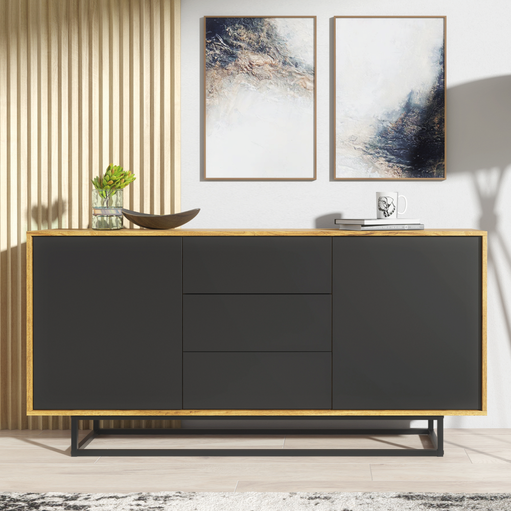 Industrial Loft Sideboard Vintage Oak Retro Cabinet with Drawers - Oak and Black - Maximillian Hub