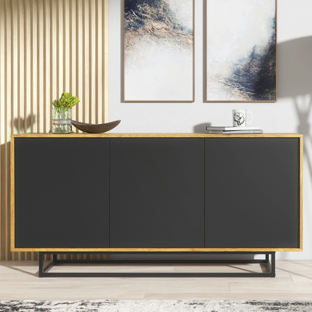 Retro Industrial Oak TV Unit Sideboard Cabinet with Black Doors Vintage Design 160cm - Oak and Black - Maximillian Hub