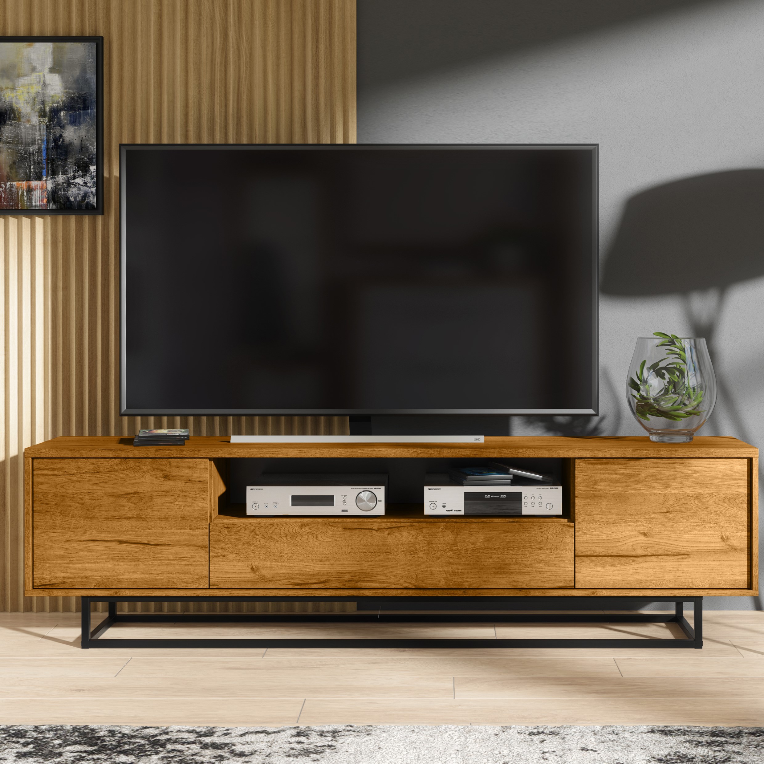 Loft Industrial TV Unit Sideboard Vintage Oak Cabinet Cupboard 200cm - Oak - Maximillian Hub