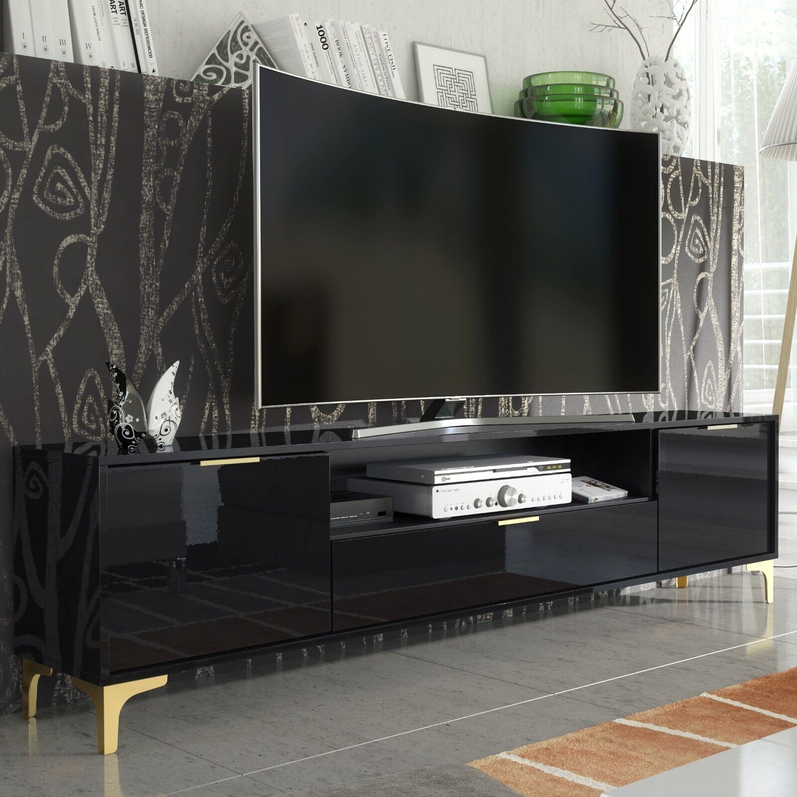 Luxury High Gloss TV Unit Stand Cabinet with Gold Accents 200cm - Black - Maximillian Hub