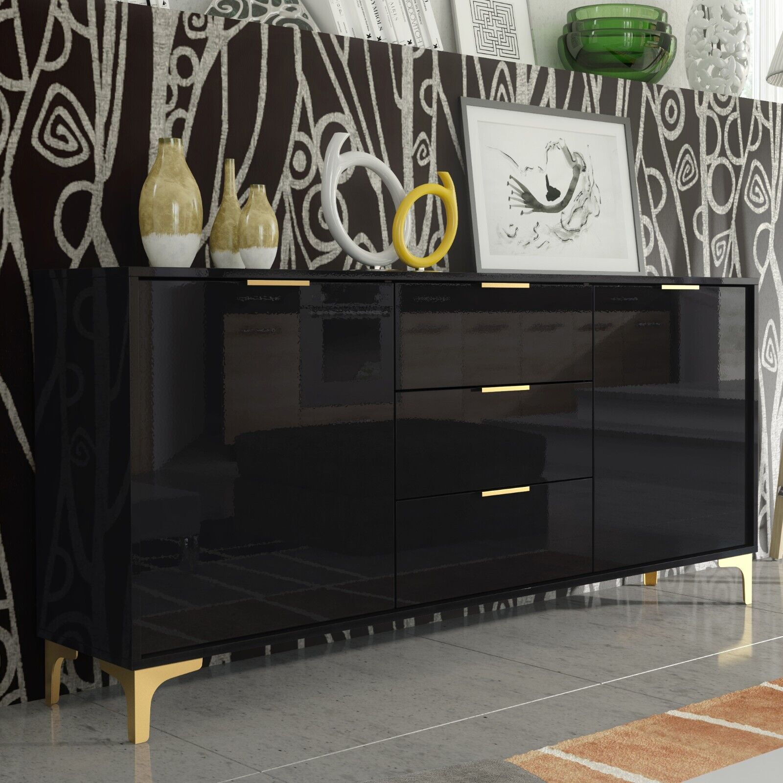 Luxury Black High Gloss TV Unit Stand Sideboard with Gold Accents 140cm - Black - Maximillian Hub
