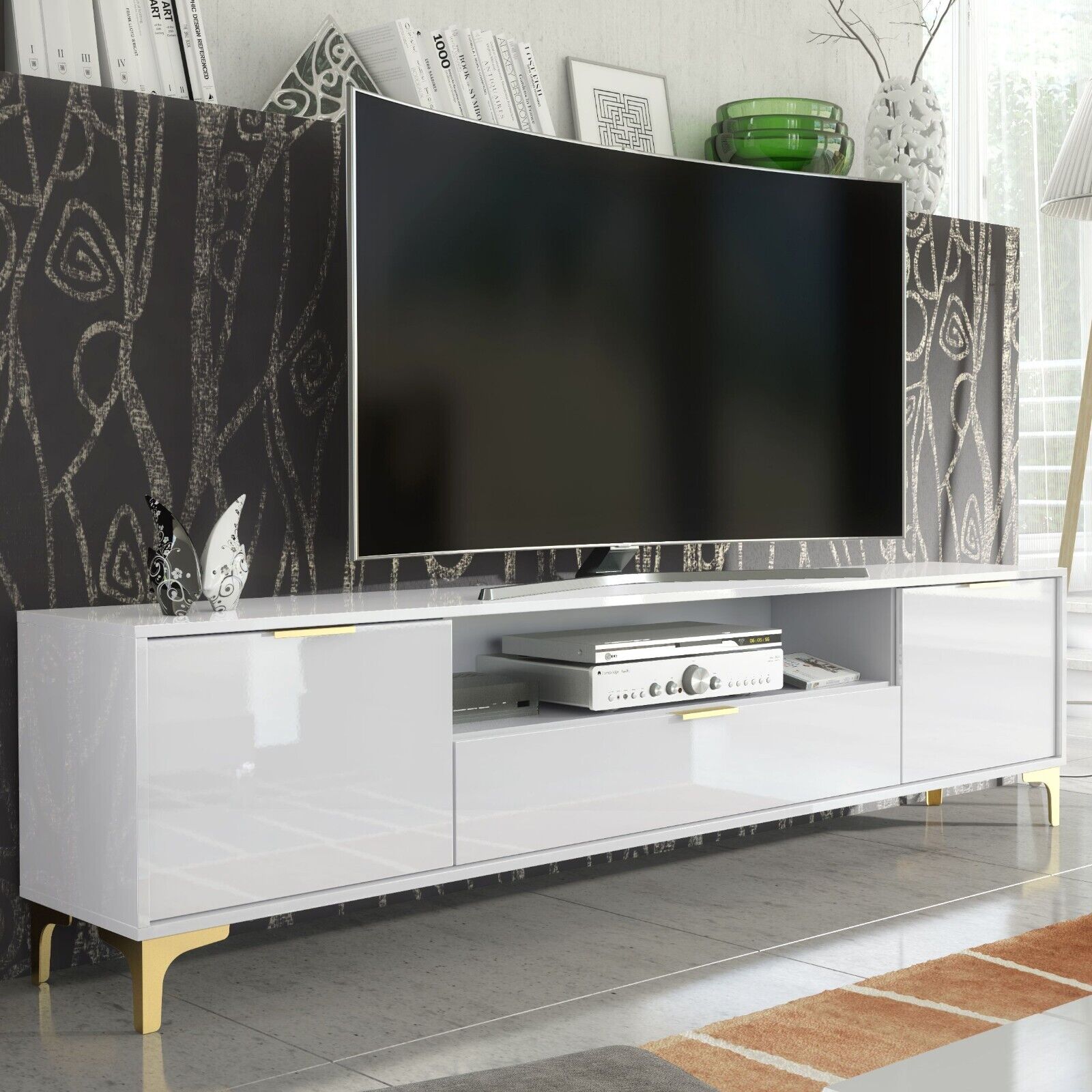Luxury High Gloss TV Unit Stand Cabinet with Gold Accents 200cm - White - Maximillian Hub