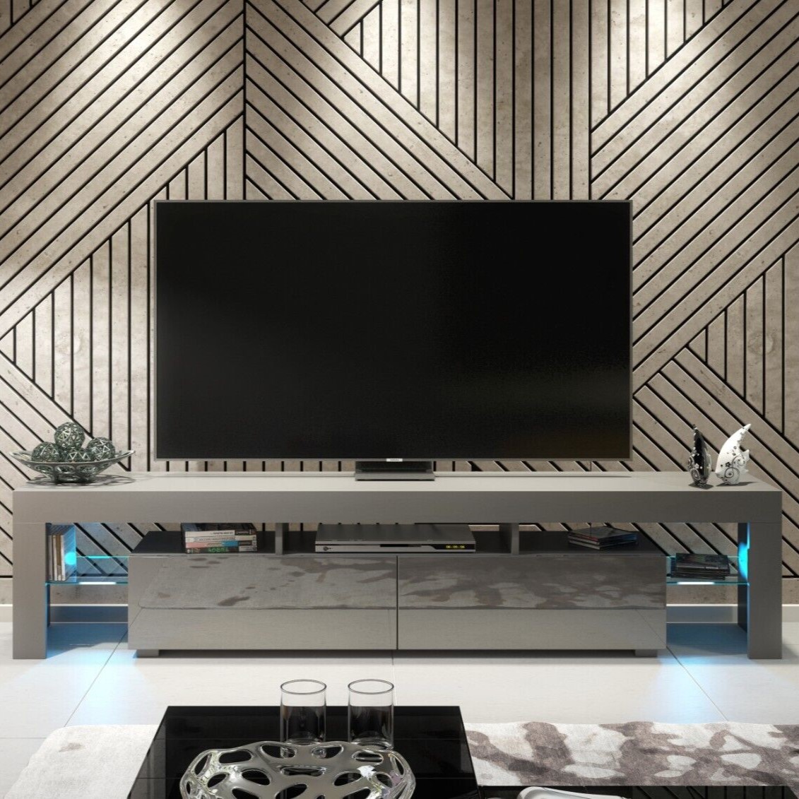 Modern TV Unit Cabinet Sideboard with Free LED Lighting and Ample Storage 200cm - Dark Grey - Maximillian Hub