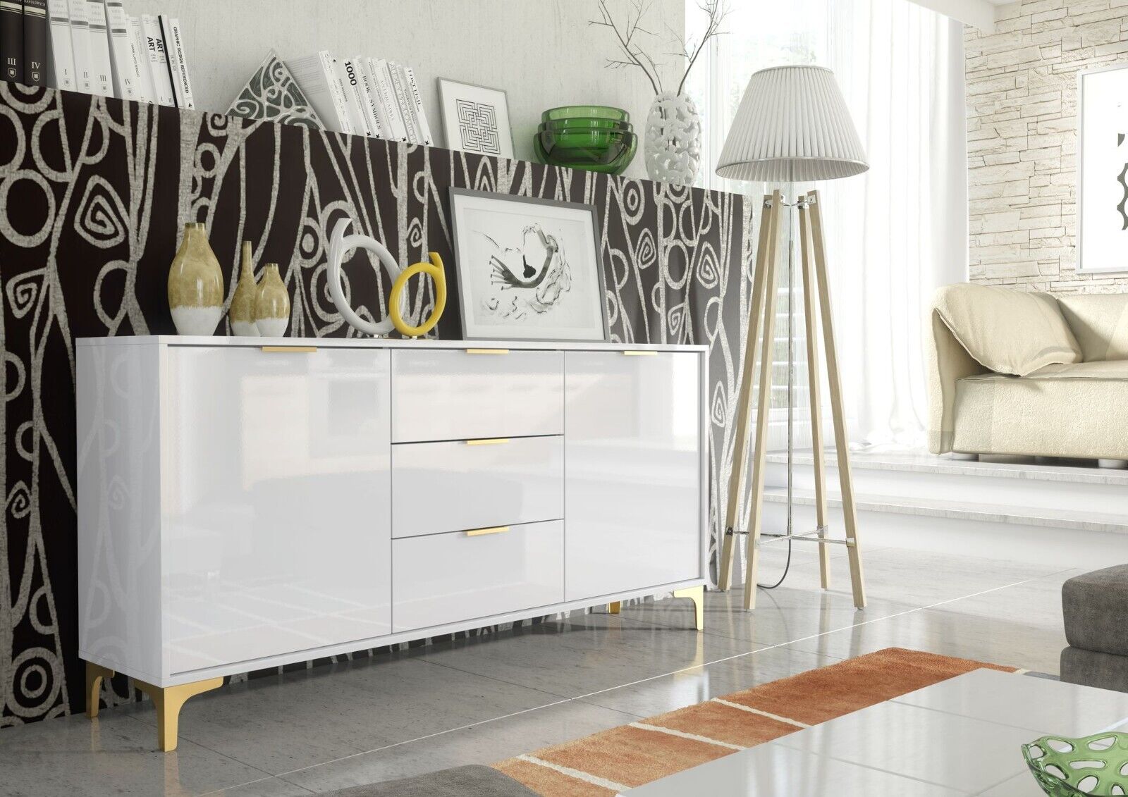 Luxury White High Gloss TV Unit Stand Sideboard with Gold Accents Storage 140cm - White - Maximillian Hub