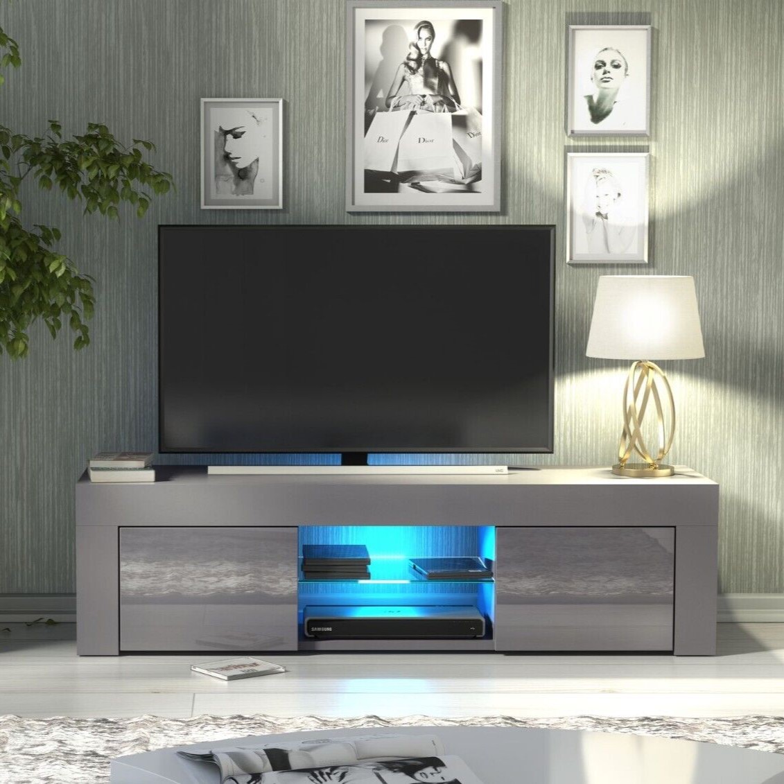 Modern TV Unit Cabinet Sideboard with Free LED Lighting 130cm - Dark Grey - Maximillian Hub