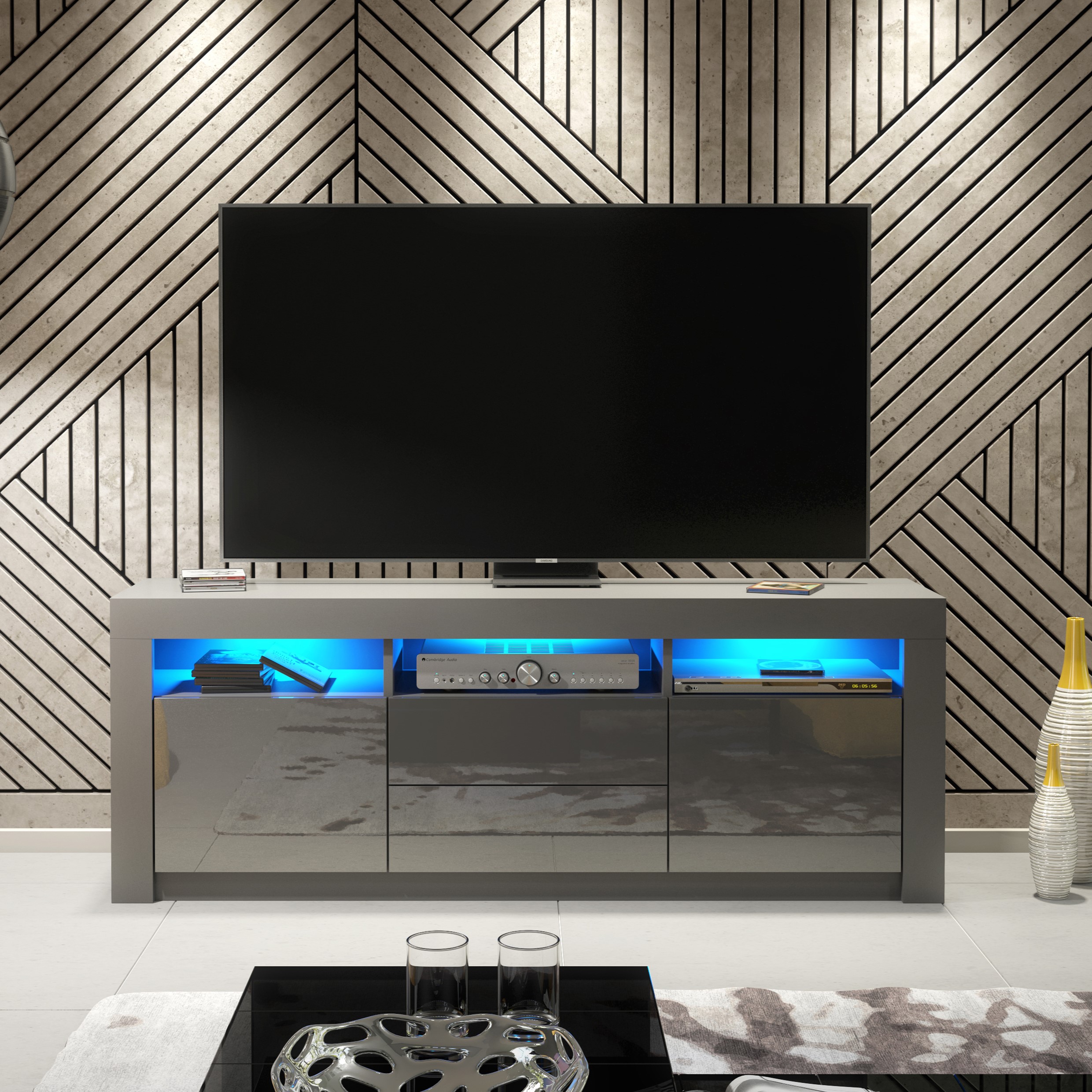 Modern TV Unit with Spacious Storage Cabinet Stand and Free LED Lighting 160cm - Dark Grey - Maximillian Hub