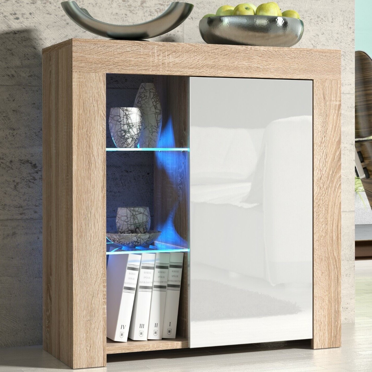 Modern TV Stand Sideboard Cabinet with Free LED Lighting 75cm - Oak and White - Maximillian Hub
