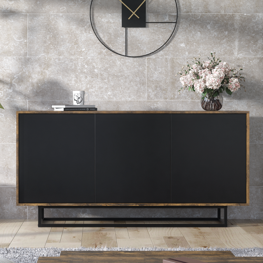 Industrial Loft Sideboard Vintage Oak TV Unit Cabinet with Storage - Industrial Oak and Black - Maximillian Hub