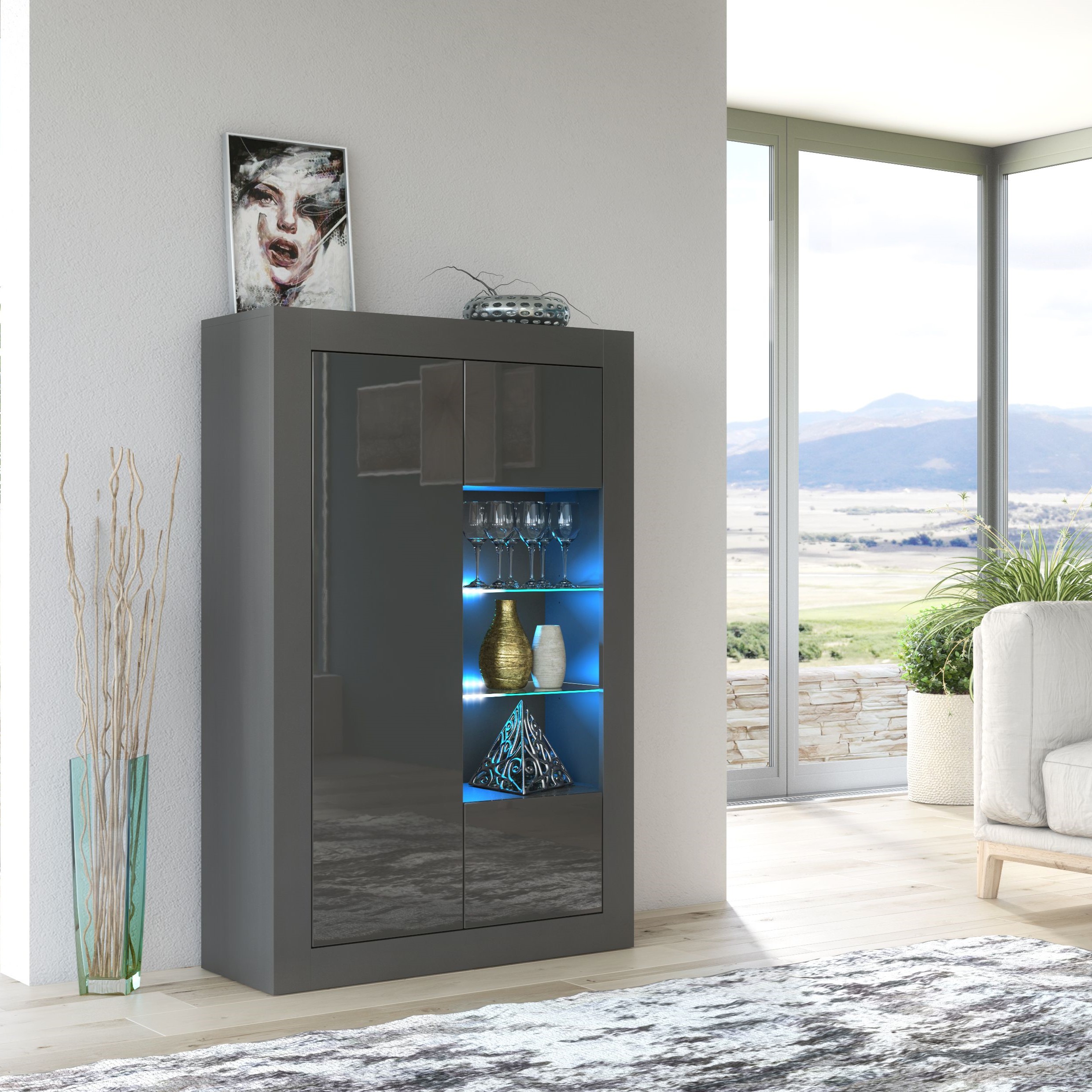 Modern Sideboard Cabinet with High Gloss Doors and Free LED 140cm - Dark Grey - Maximillian Hub
