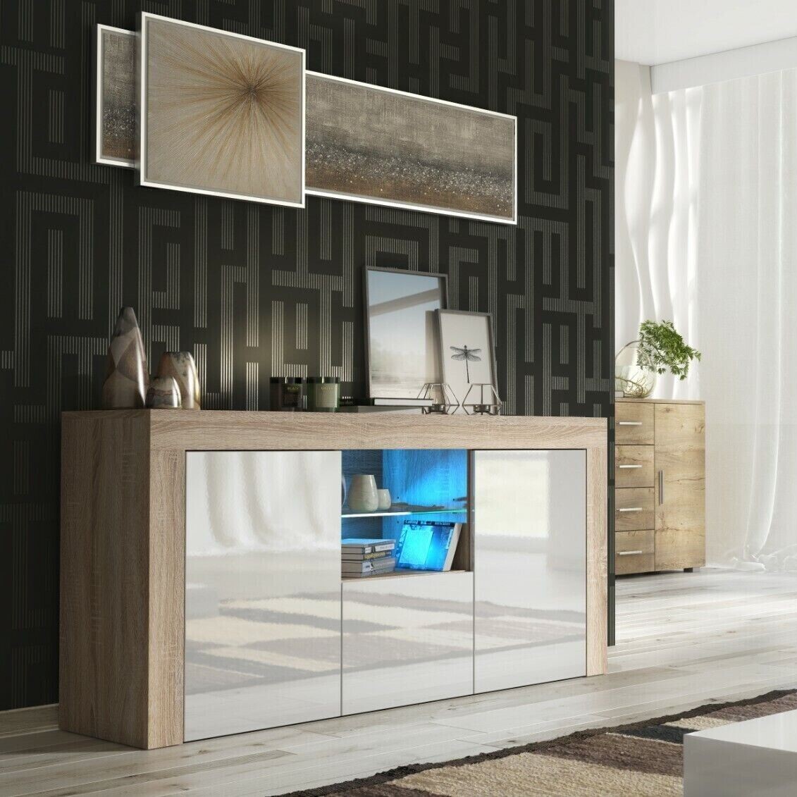 Modern TV Unit Cabinet Stylish Sideboard with Free LED Lighting 145cm - Oak and White - Maximillian Hub