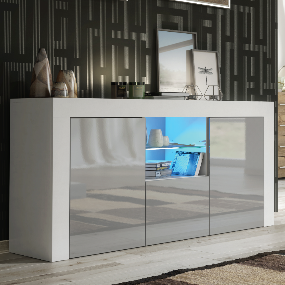 Modern TV Unit Cabinet Stylish Sideboard with Free LED Lighting 145cm - White and Grey - Maximillian Hub