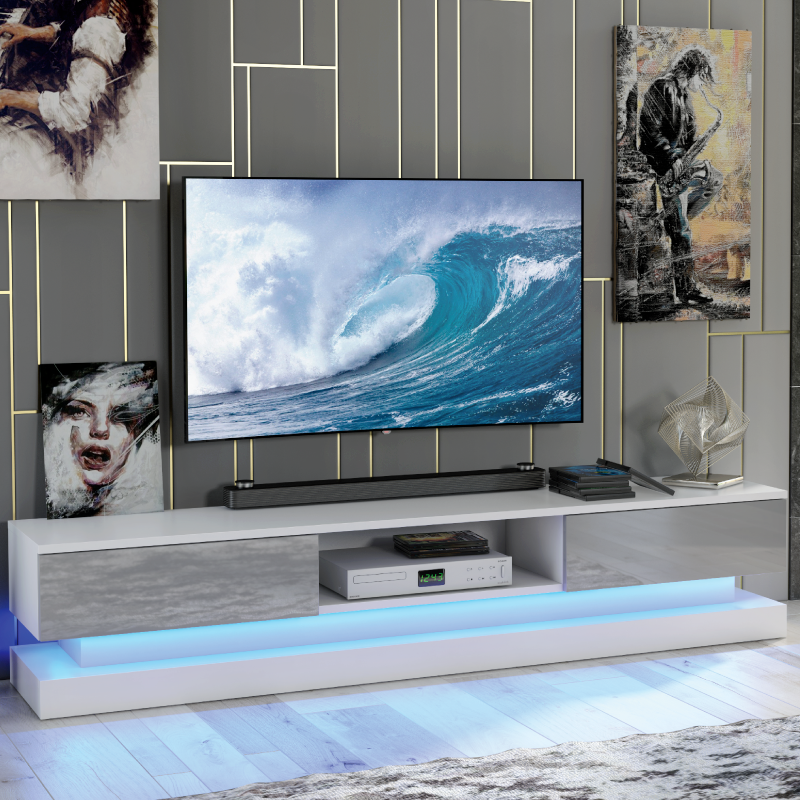 Stylish TV Unit Cabinet Stand with Ample Storage and Free LED Lighting 180cm - White and Grey - Maximillian Hub