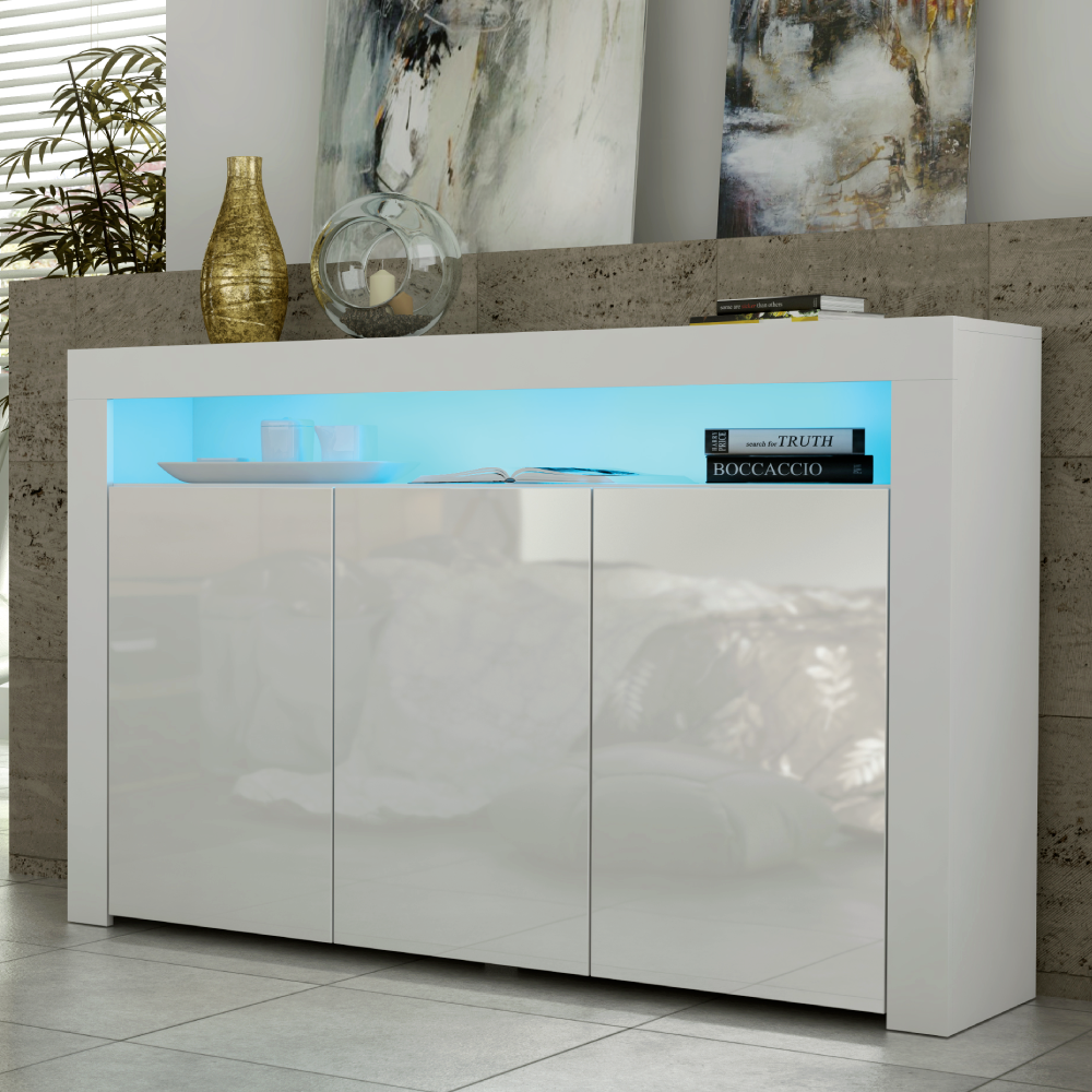 TV Unit Sideboard Cabinet with 3 Doors Storage and Free LED Lighting 155cm - White - Maximillian Hub