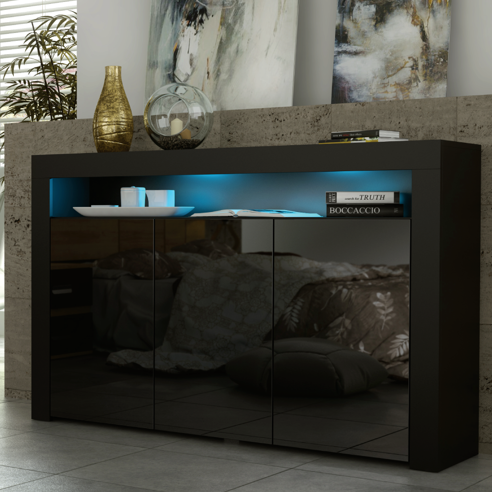 TV Unit Sideboard Cabinet with 3 Doors Storage and Free LED Lighting 155cm - Black - Maximillian Hub