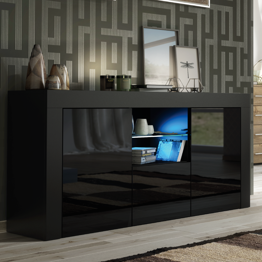 Modern TV Unit Cabinet Stylish Sideboard with Free LED Lighting 145cm - Black - Maximillian Hub