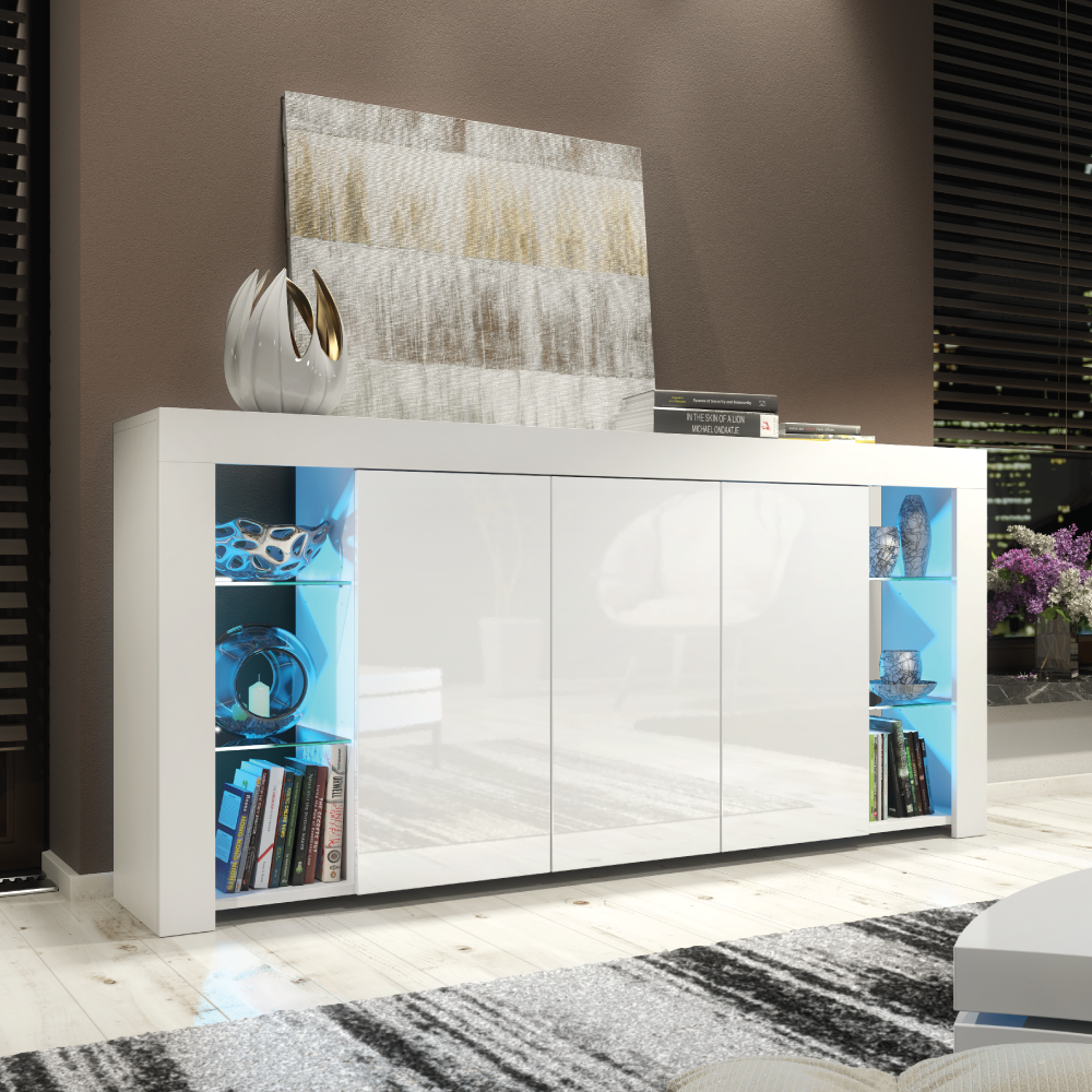 Cabinet Cupboard Sideboard TV Unit with Free LED Lighting and Storage 164cm - White - Maximillian Hub