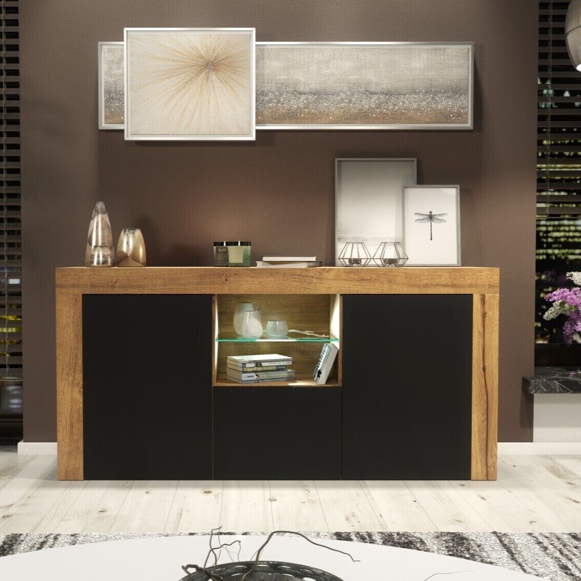Modern TV Unit Cabinet Stylish Sideboard with Free LED Lighting 145cm - Oak and Black - Maximillian Hub