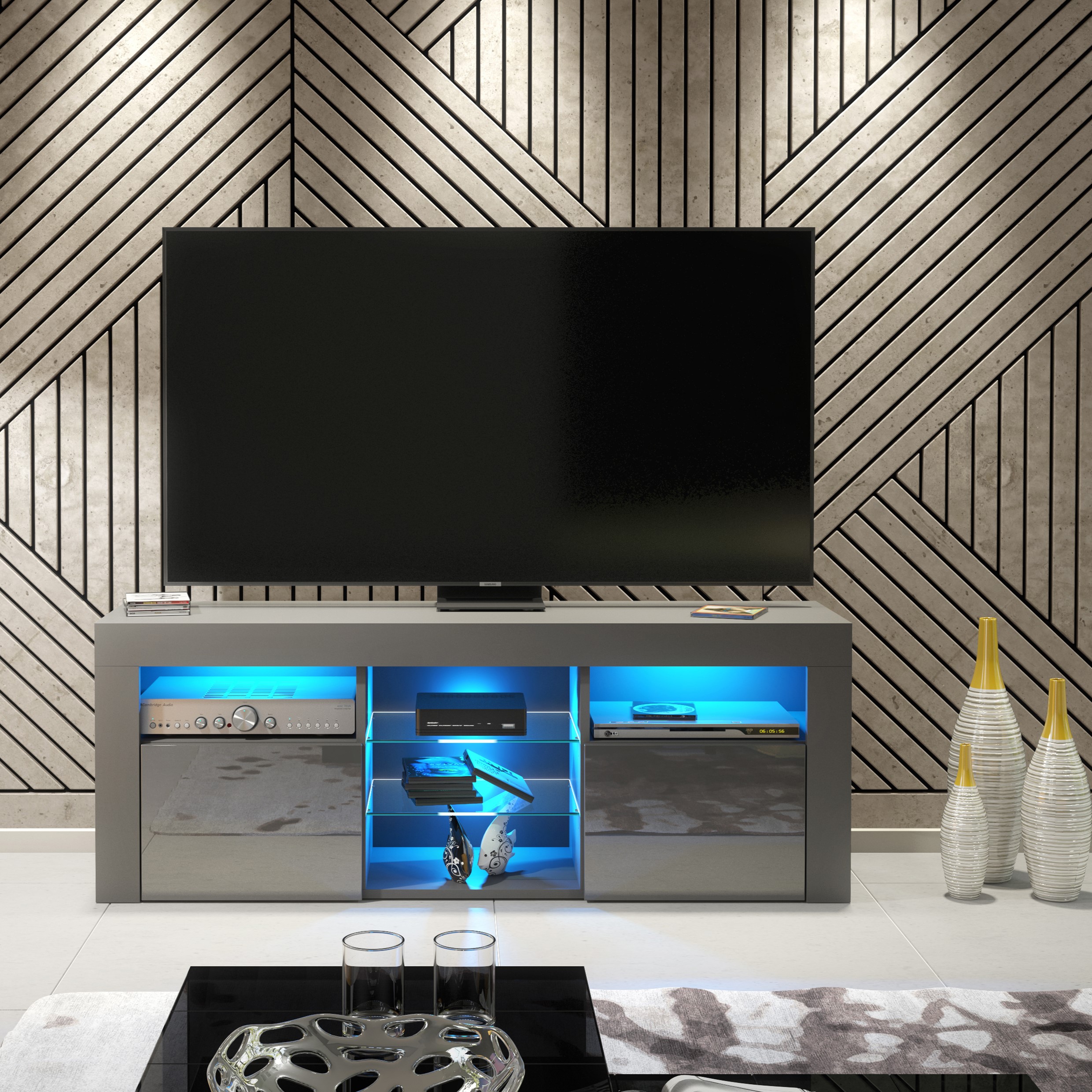 Modern TV Cabinet with Sideboard Storage and Free LED Lighting 145cm - Dark Grey - Maximillian Hub