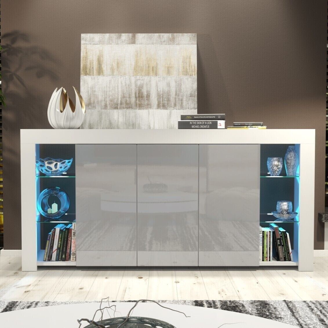 Cabinet Cupboard Sideboard TV Unit with Free LED Lighting and Storage 164cm - White and Grey - Maximillian Hub