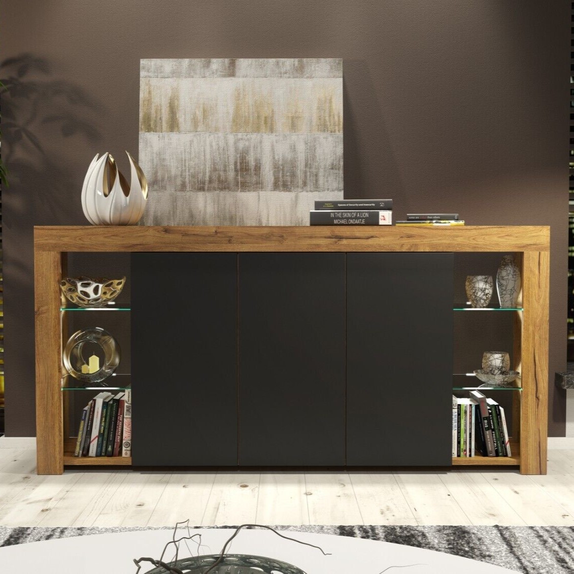 Cabinet Cupboard Sideboard TV Unit with Free LED Lighting and Storage 164cm - Oak and Black - Maximillian Hub