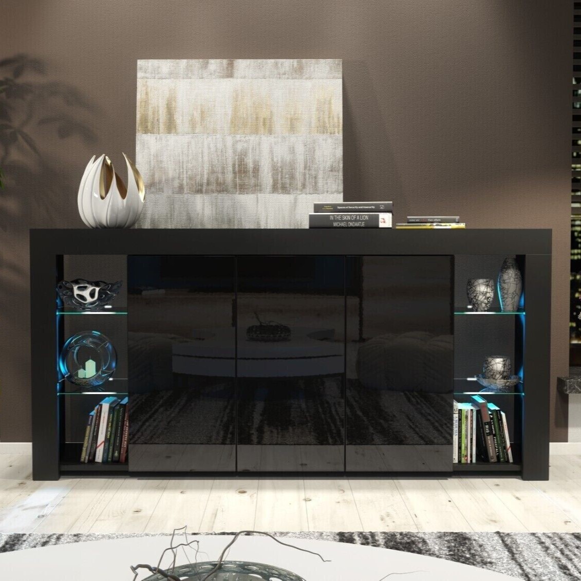 Cabinet Cupboard Sideboard TV Unit with Free LED Lighting and Storage 164cm - Black - Maximillian Hub