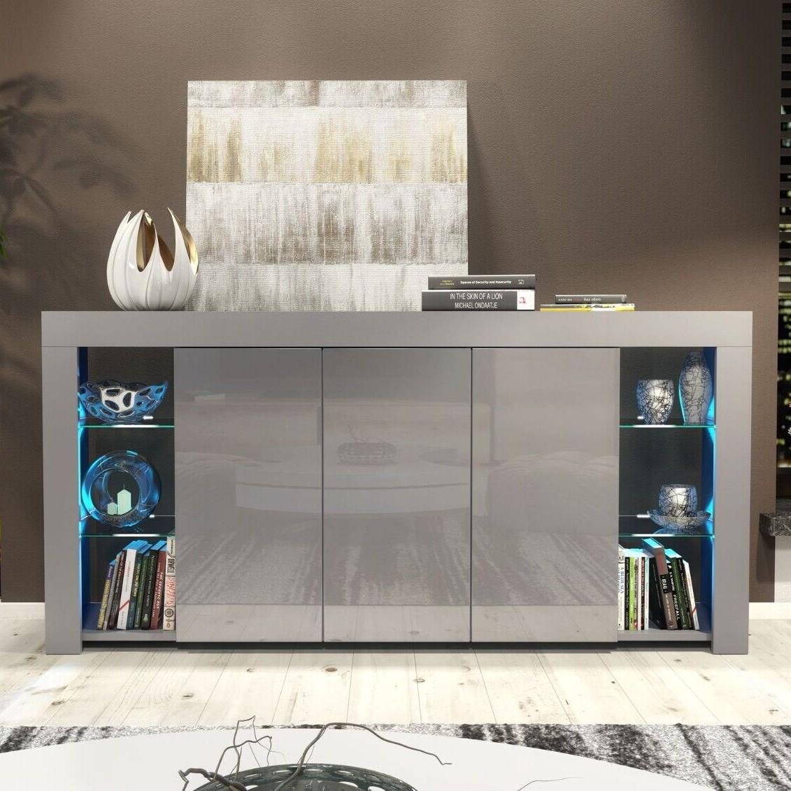Cabinet Cupboard Sideboard TV Unit with Free LED Lighting and Storage 164cm - Dark Grey - Maximillian Hub