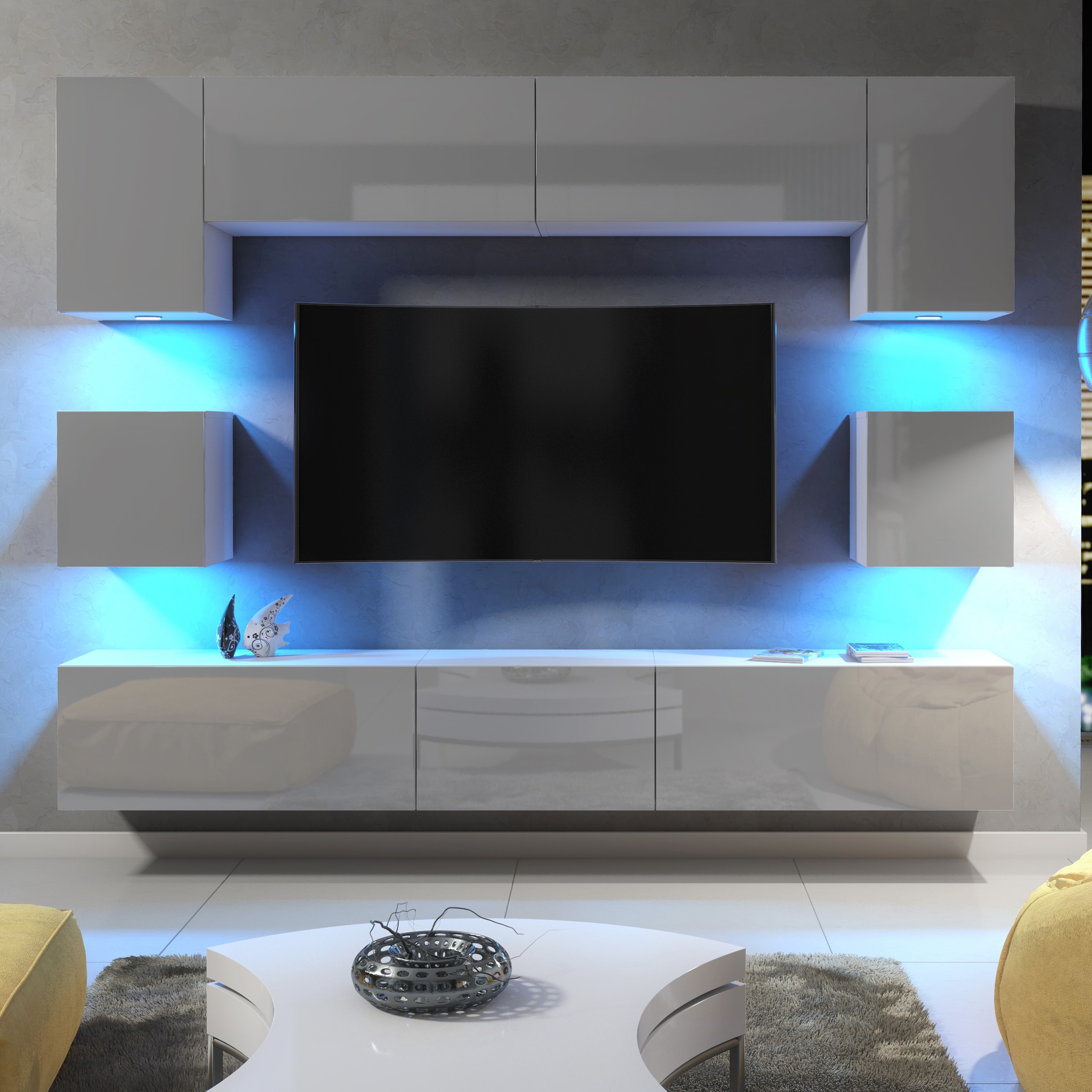 Modern Living Room Set with Cupboard TV Unit Cabinet and Wall Storage with LED Lighting - White and Grey - Maximillian Hub