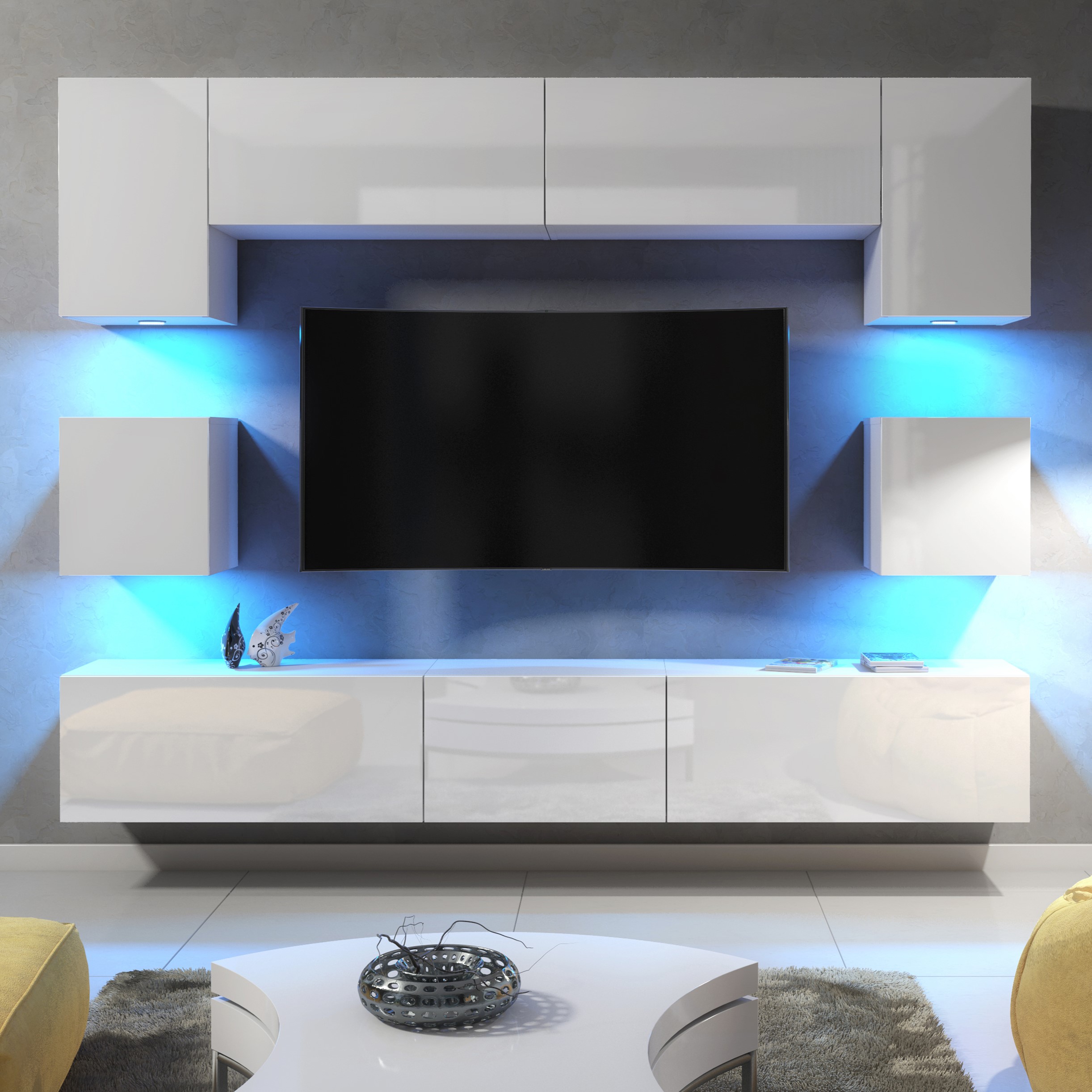 Modern Living Room Set with Cupboard TV Unit Cabinet and Wall Storage with LED Lighting - White - Maximillian Hub