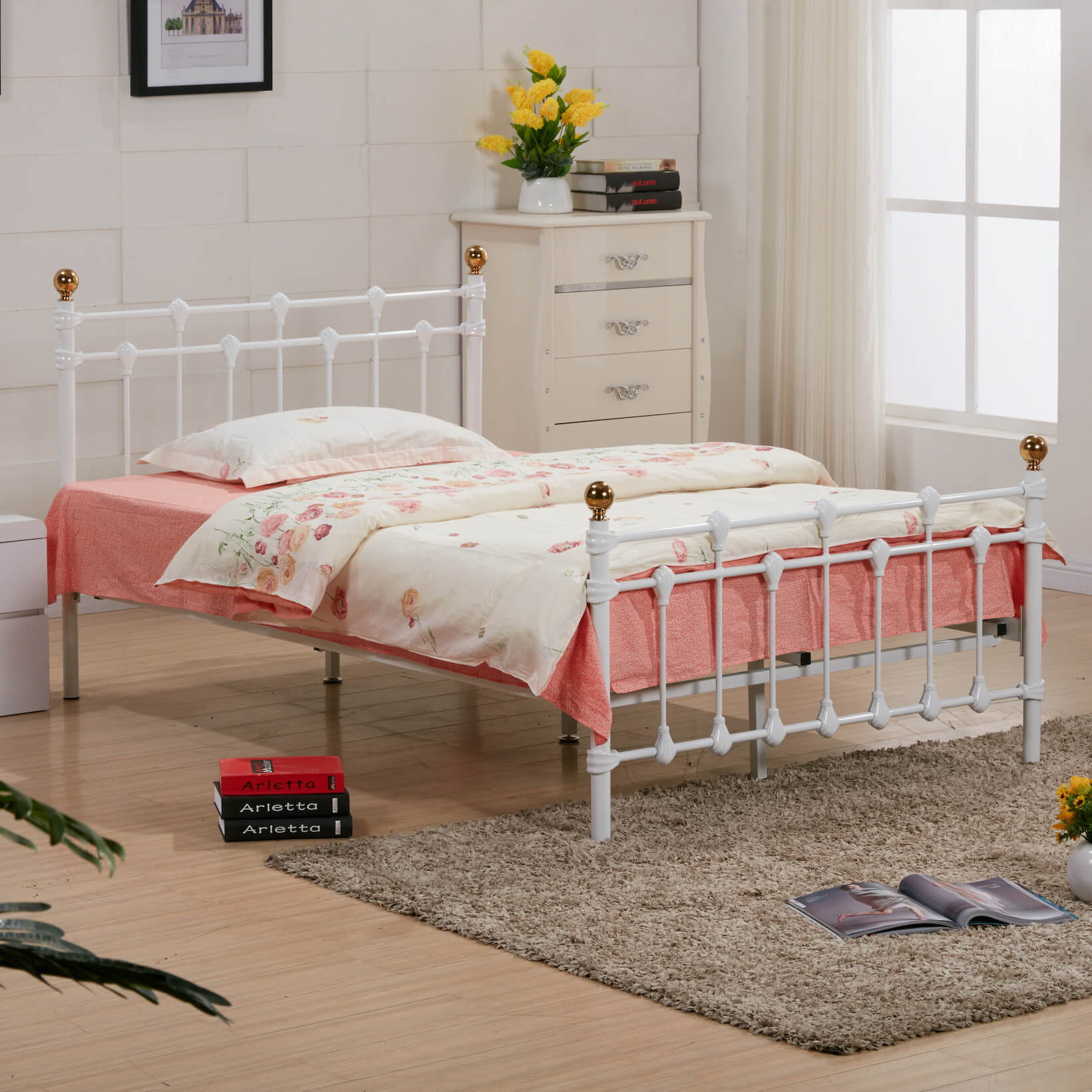 Double Bed - MARISSA 4ft6 Metal Bedframe with Polished Gold Caps - White - Sigrid Mills