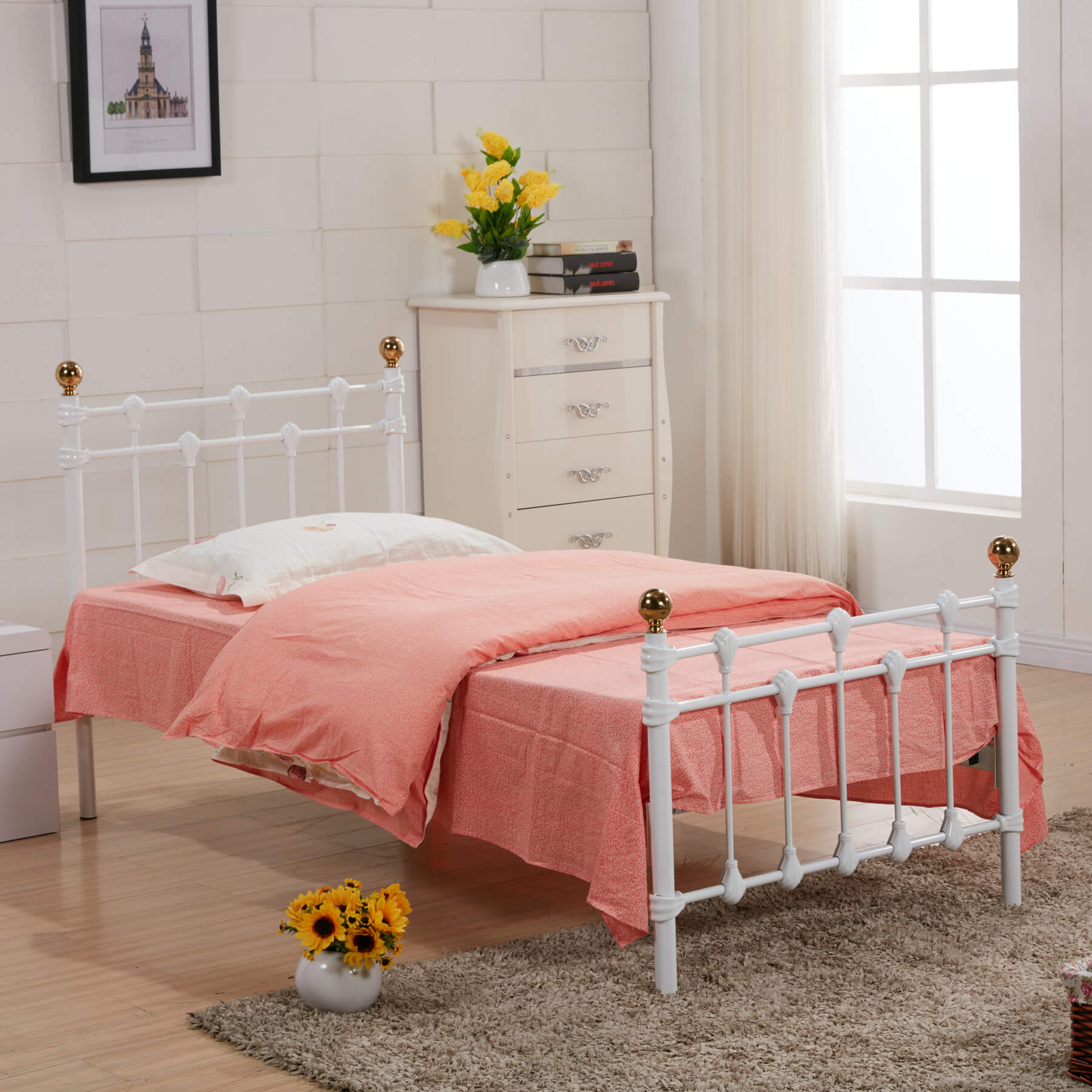 Single Bed - MARISSA 3ft Metal Bedframe with Polished Gold Caps - White - Sigrid Mills