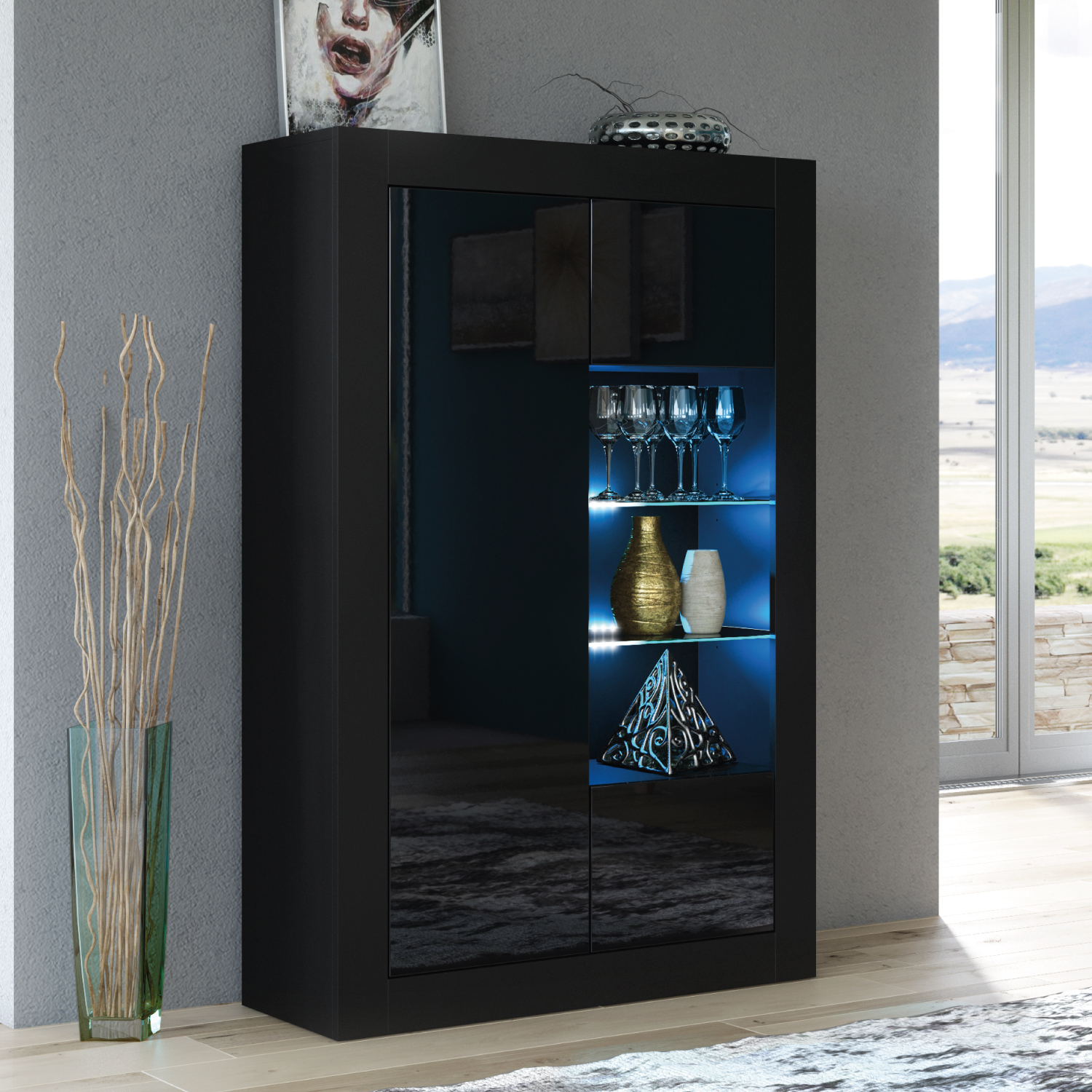 CANNES Display Cabinet 140cm - Black - Crete Bay
