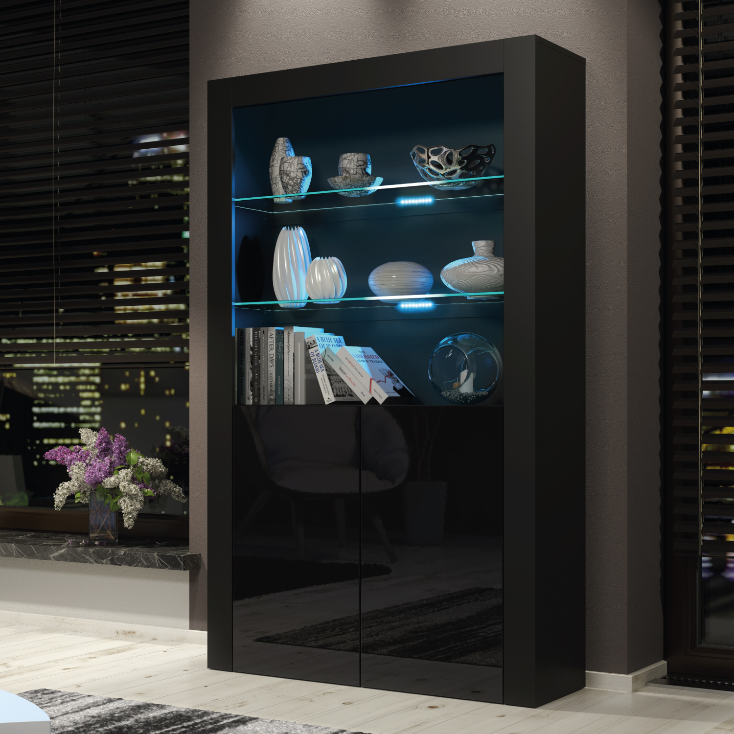 MENTON Display Cabinet 170cm - Black - Crete Bay
