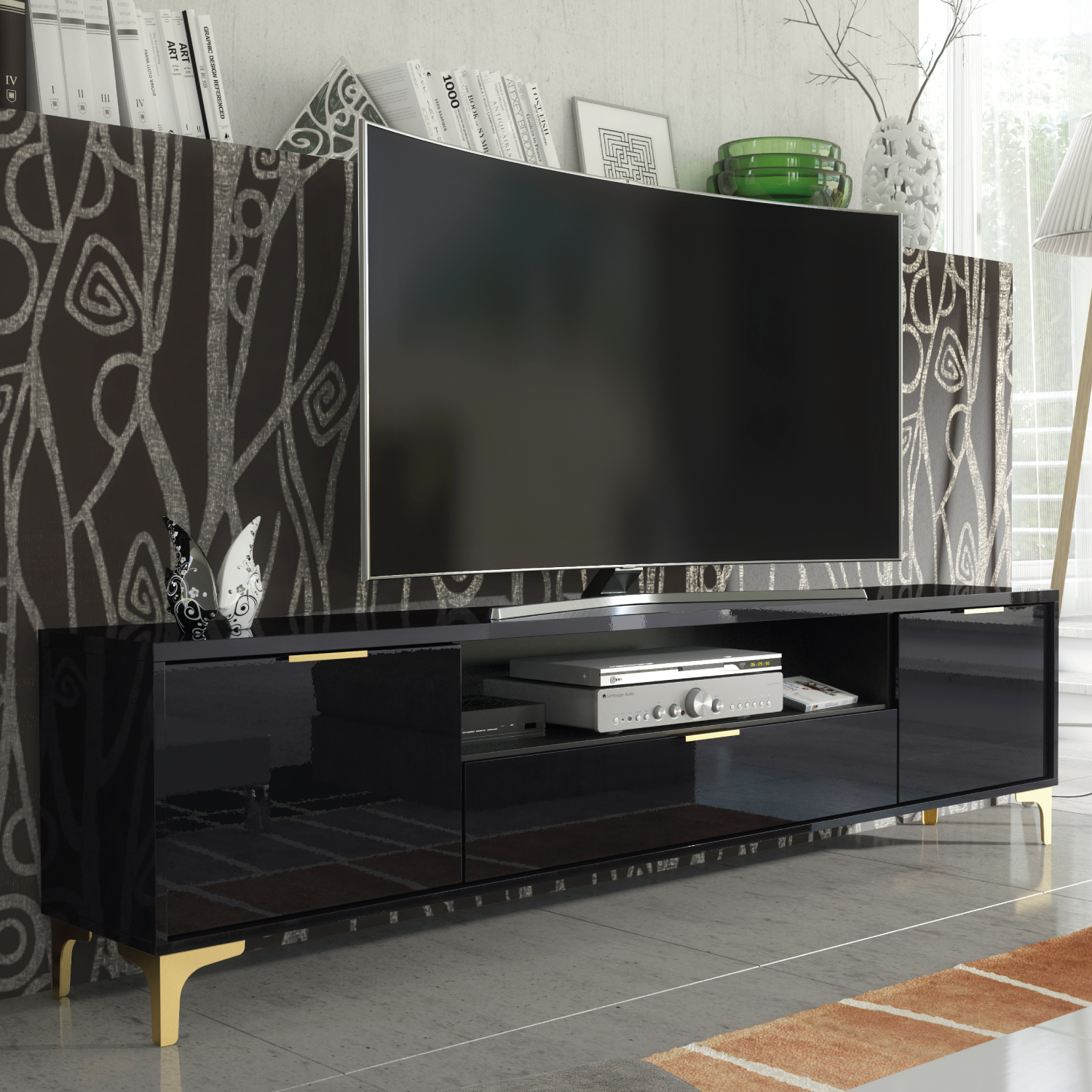 CRANS Gloss TV Unit 200cm - Black - Crete Bay