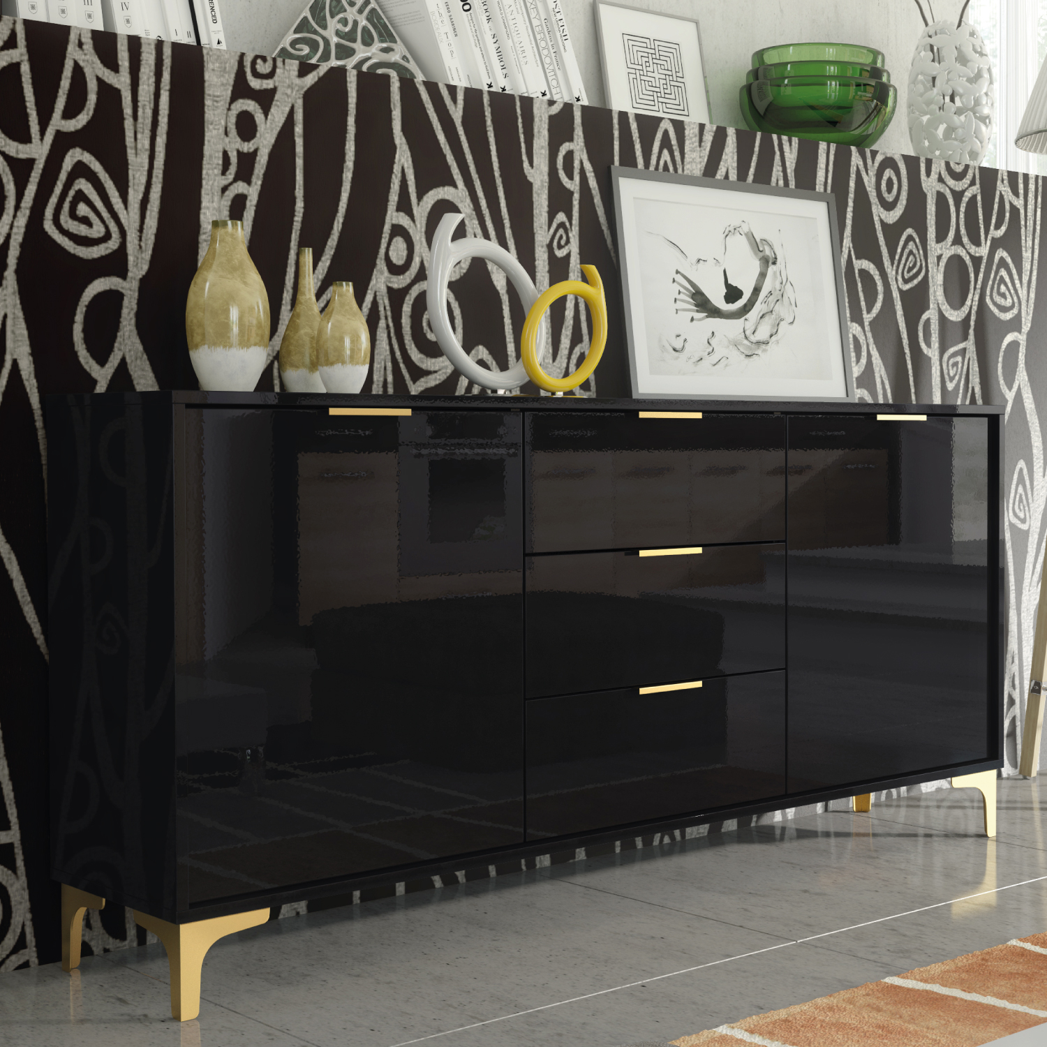 CRANS Gloss Sideboard 140cm - Black - Crete Bay