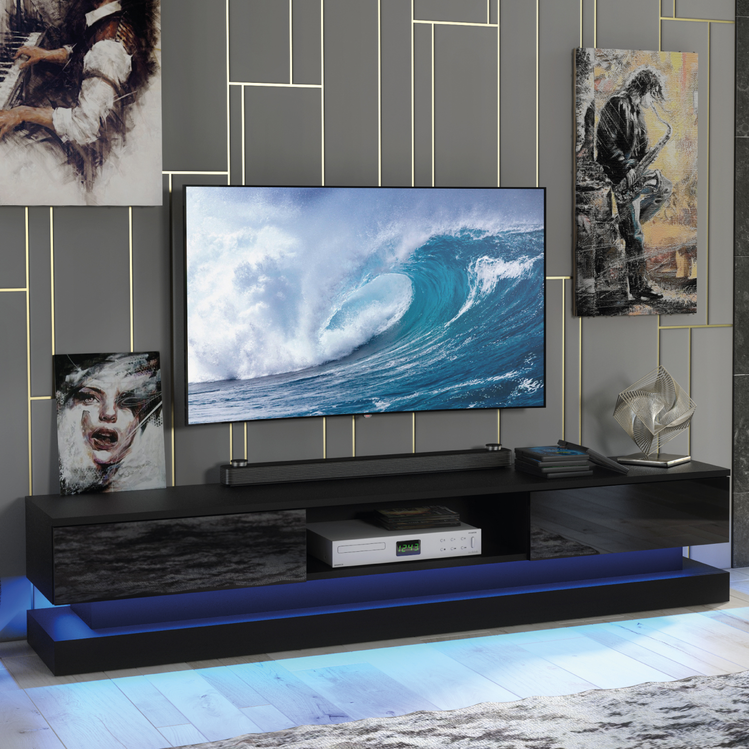 REGAL TV Unit 180cm - Black - Crete Bay