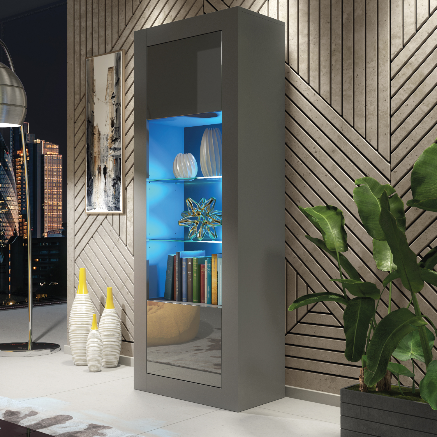 MONACO Display Cabinet 170cm - Dark Grey - Crete Bay