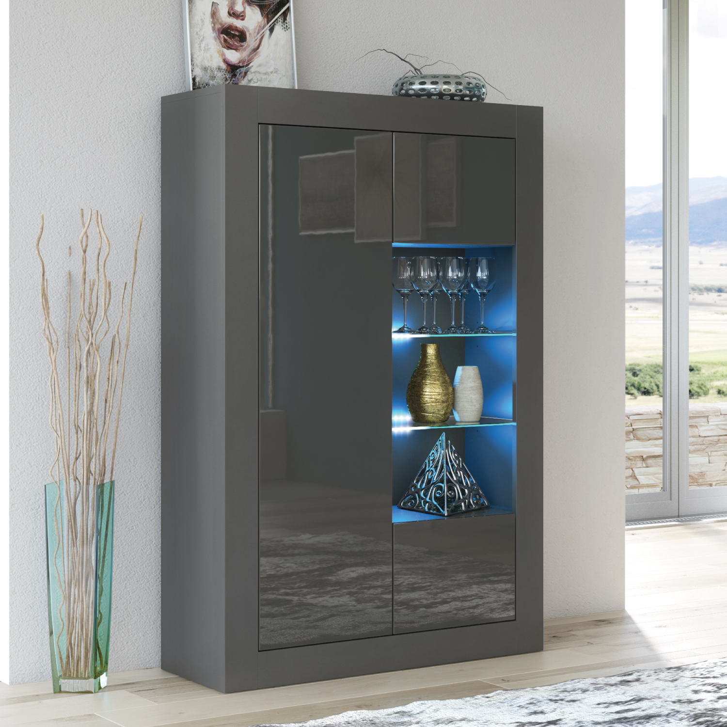 CANNES Display Cabinet 140cm - Dark Grey - Crete Bay
