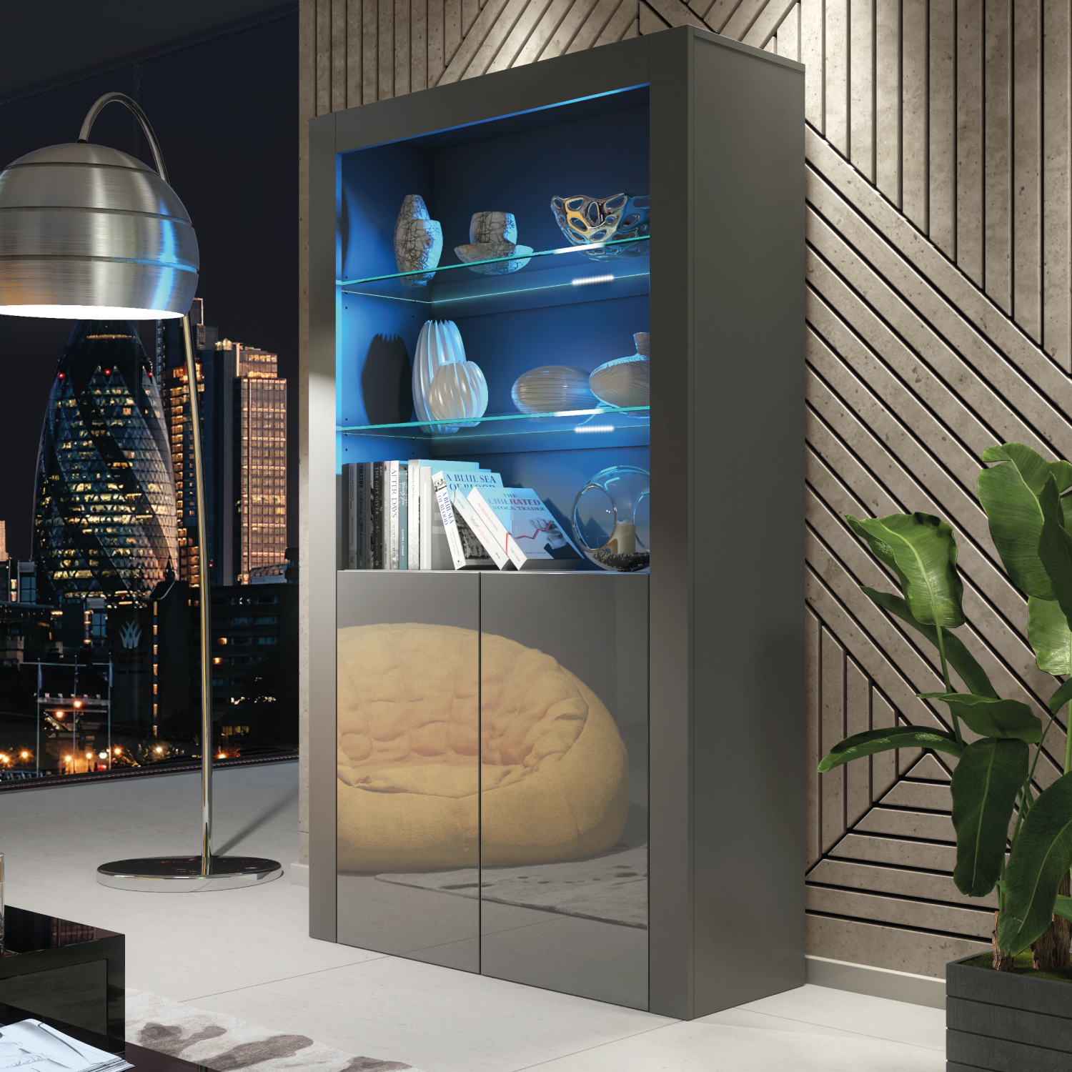 MENTON Display Cabinet 170cm - Dark Grey - Crete Bay