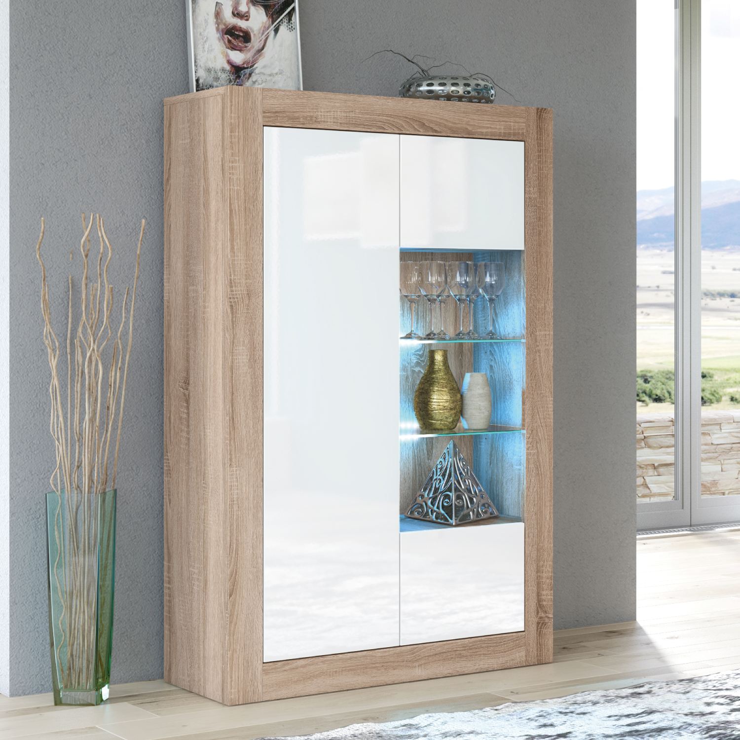 CANNES Display Cabinet 140cm - Natural Oak - Crete Bay