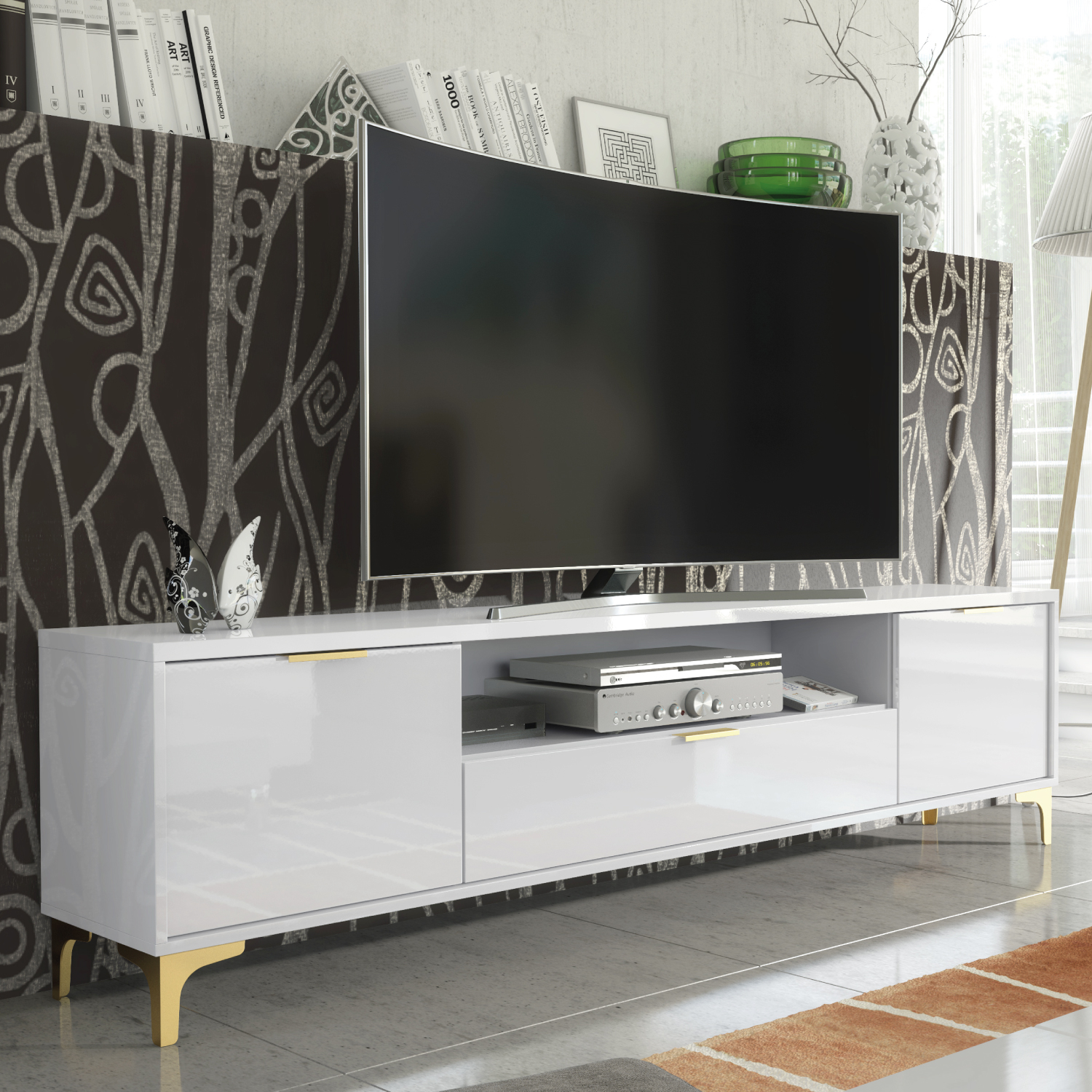 CRANS Gloss TV Unit 200cm - White - Crete Bay
