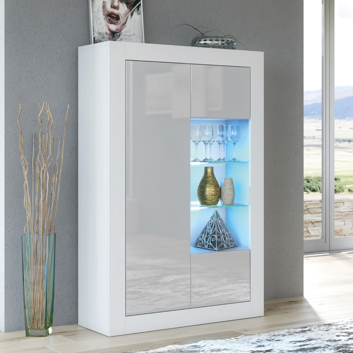 CANNES Display Cabinet 140cm - Grey - Crete Bay