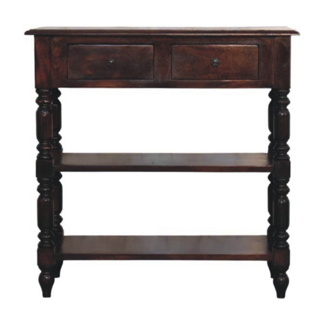 CHERI Turned legs Side Table with Open Shelve and 2 Drawers - Dark Oak - Beasley & Sons