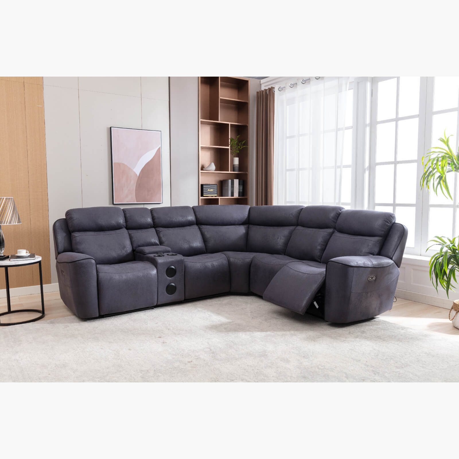 Recliner Sofa - PULSE Fabric 3 Power 5 Seater L Shaped Sofa - Grey - Sigrid Mills