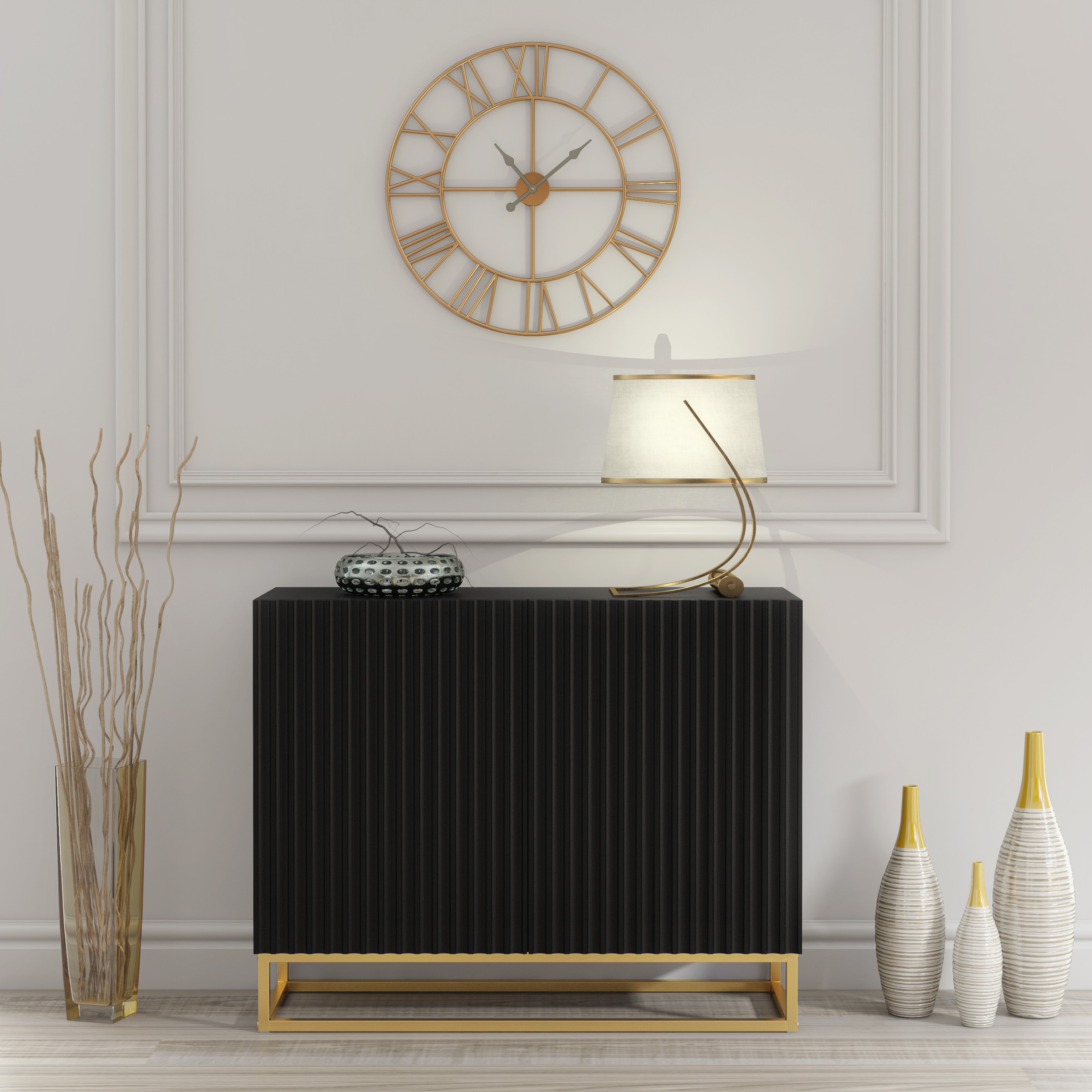 UZERA Modern Sideboard Cabinet Stylish Fluted Doors And Gold Frame 100cm - Black - Maximillian Hub