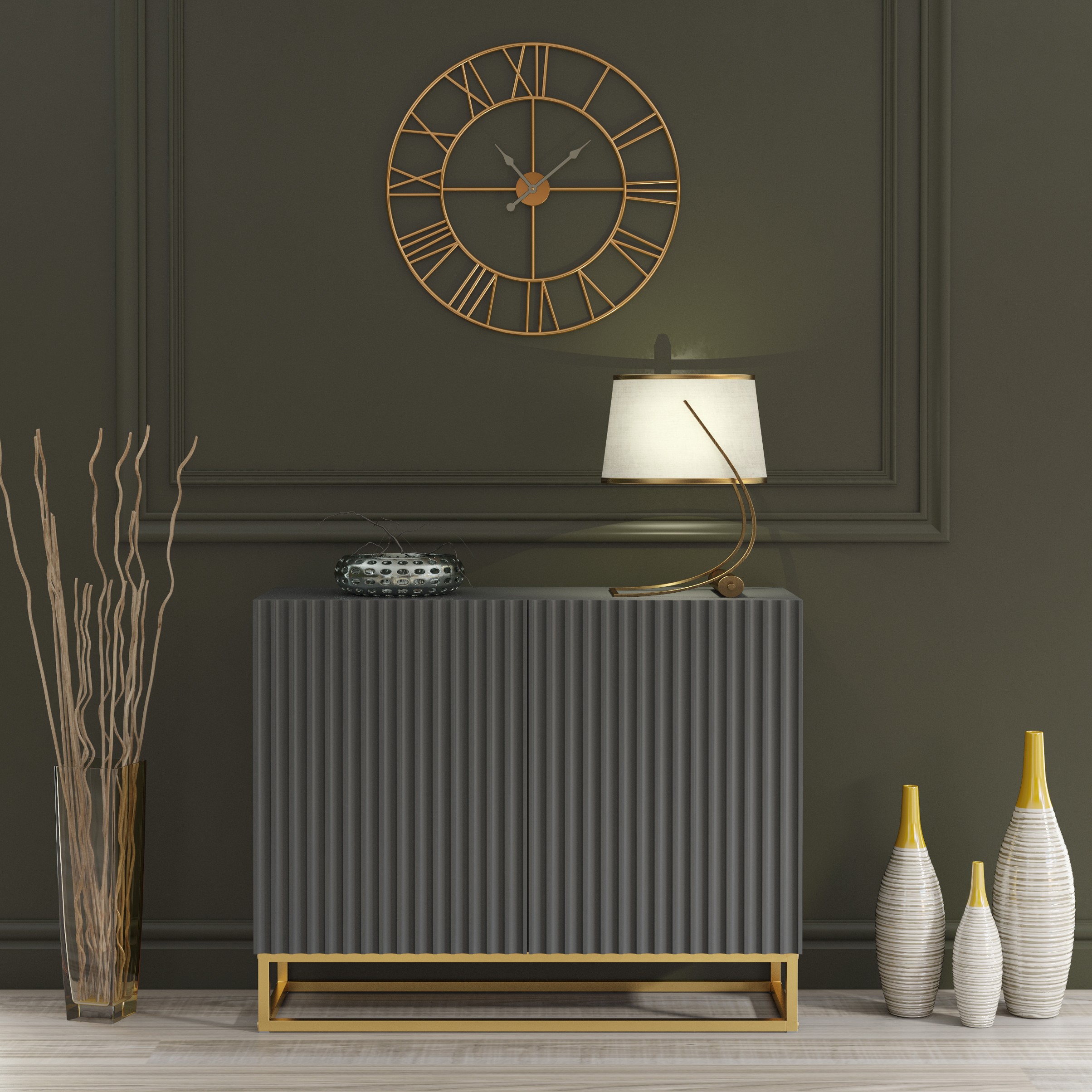 UZERA Modern Sideboard Cabinet Stylish Fluted Doors And Gold Frame 100cm - Grey - Maximillian Hub