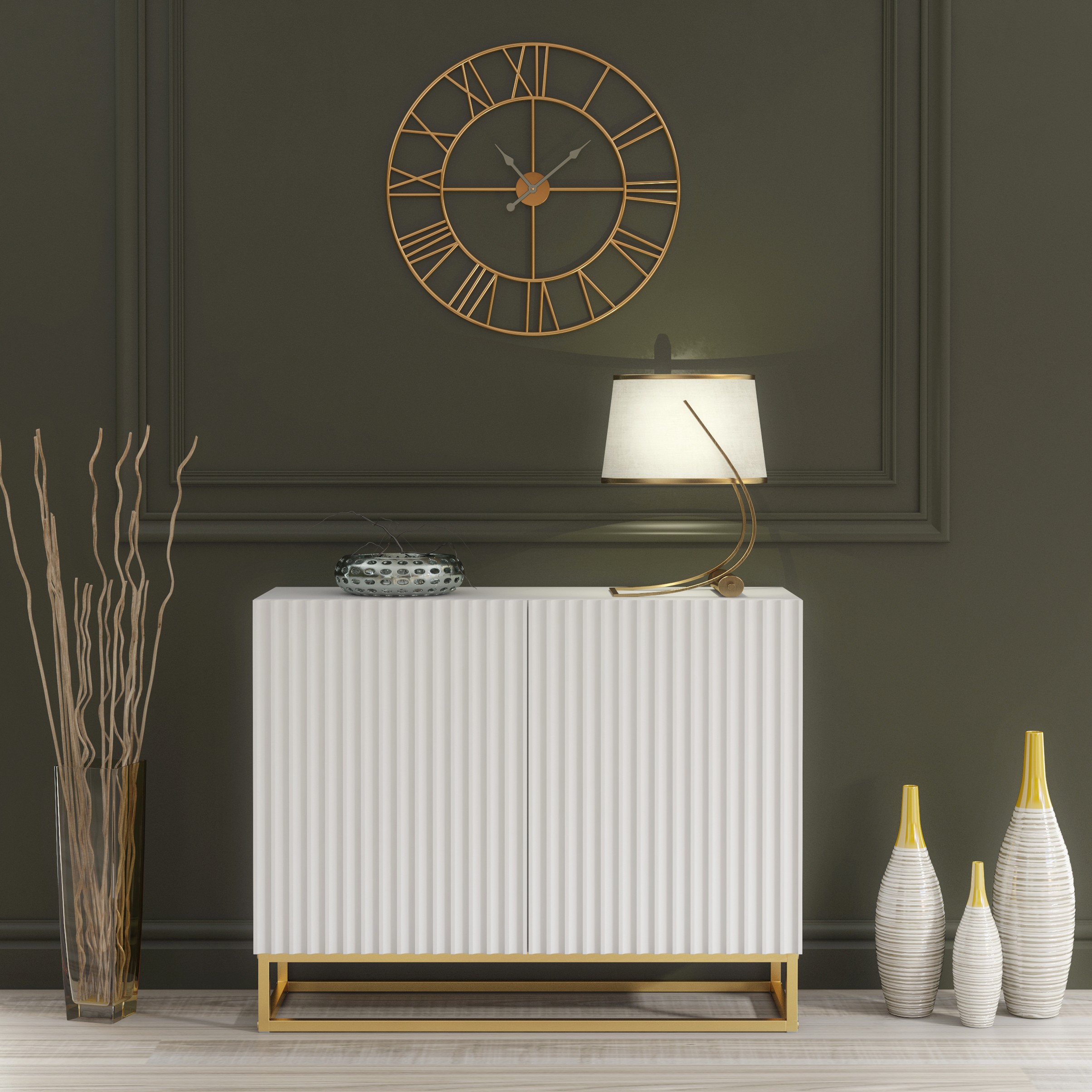 UZERA Modern Sideboard Cabinet Stylish Fluted Doors And Gold Frame 100cm - White - Maximillian Hub