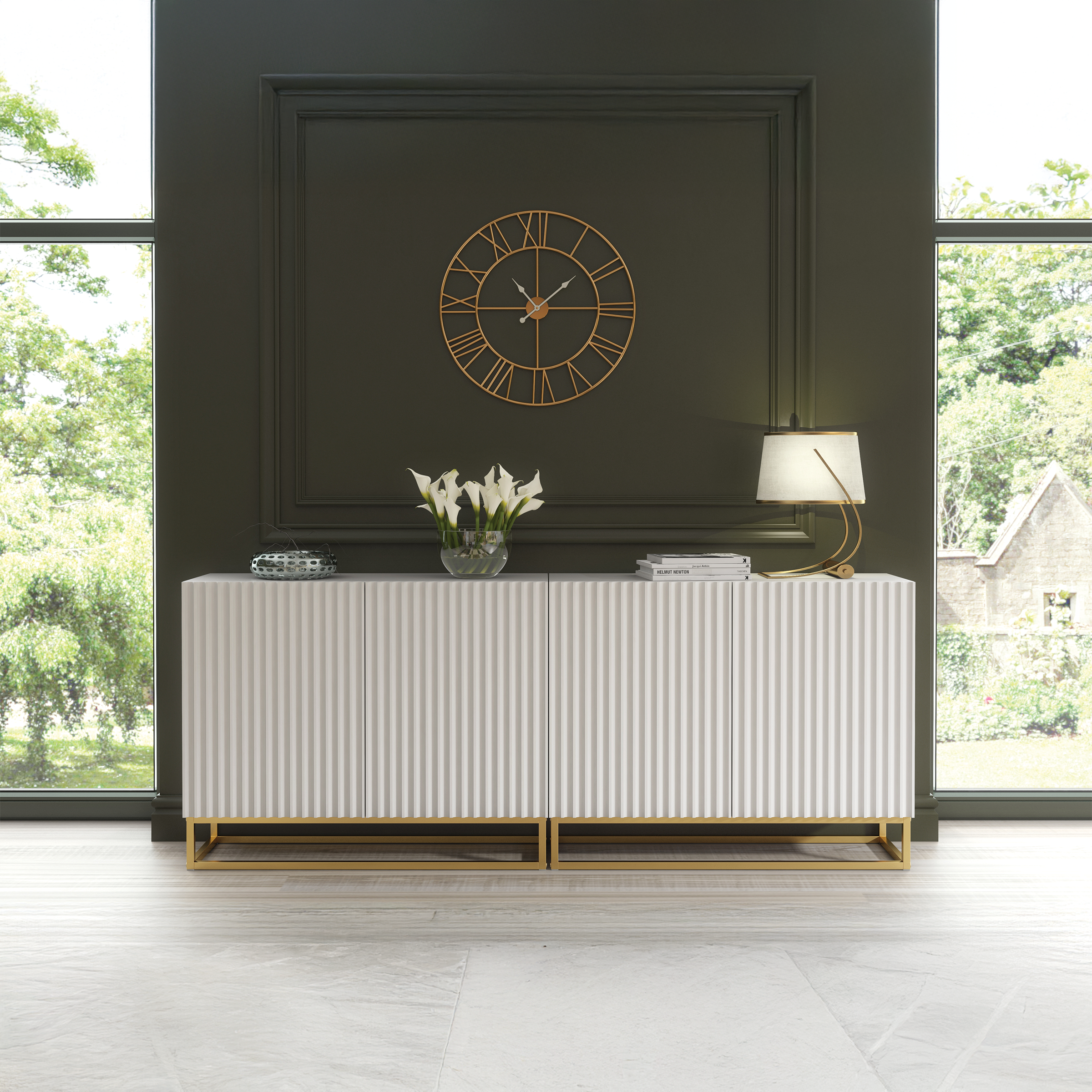 UZERA Modern Sideboard Cabinet Elegant Fluted Doors And Gold Frame 200cm - White - Maximillian Hub