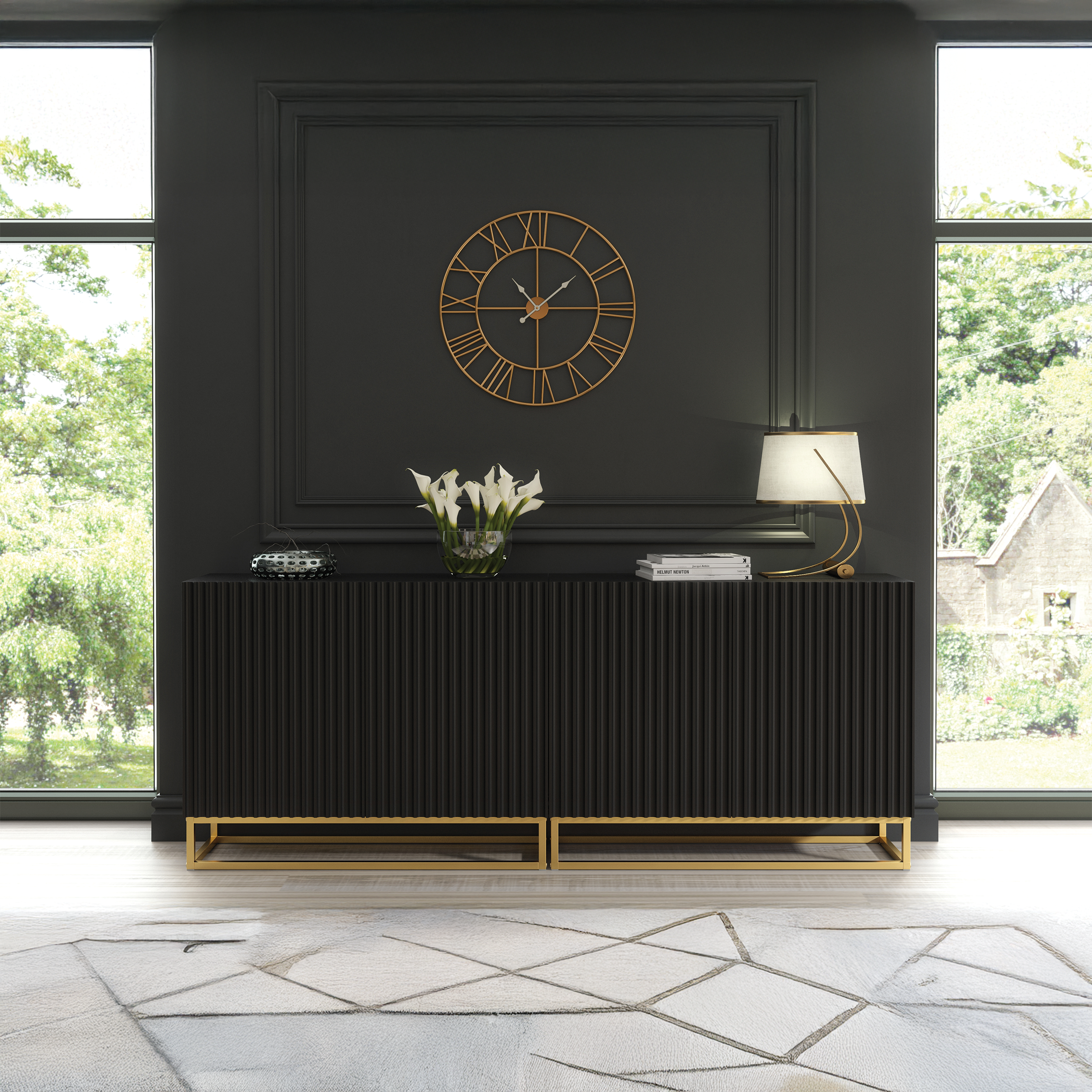UZERA Modern Sideboard Cabinet Elegant Fluted Doors And Gold Frame 200cm - Black - Maximillian Hub