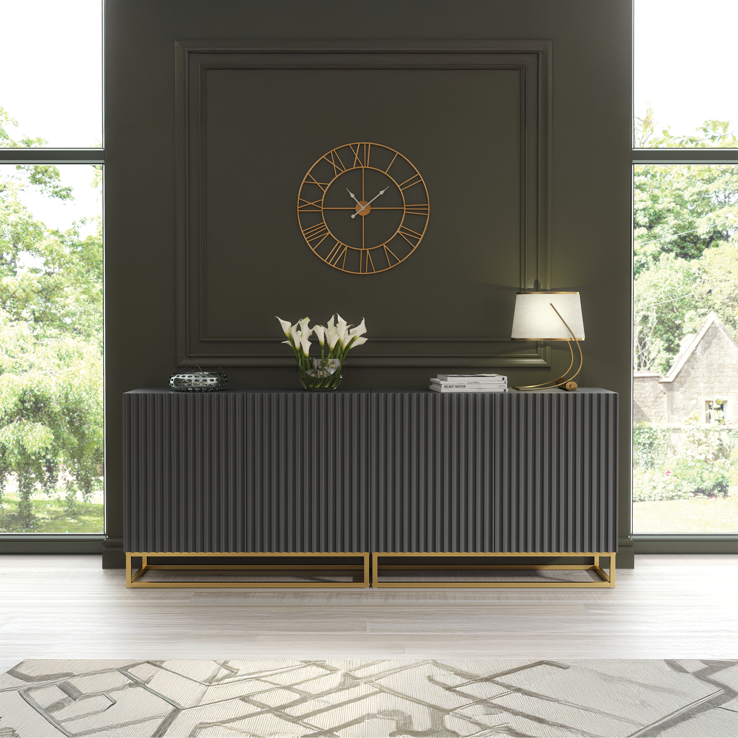 UZERA Modern Sideboard Cabinet Elegant Fluted Doors And Gold Frame 200cm - Grey - Maximillian Hub