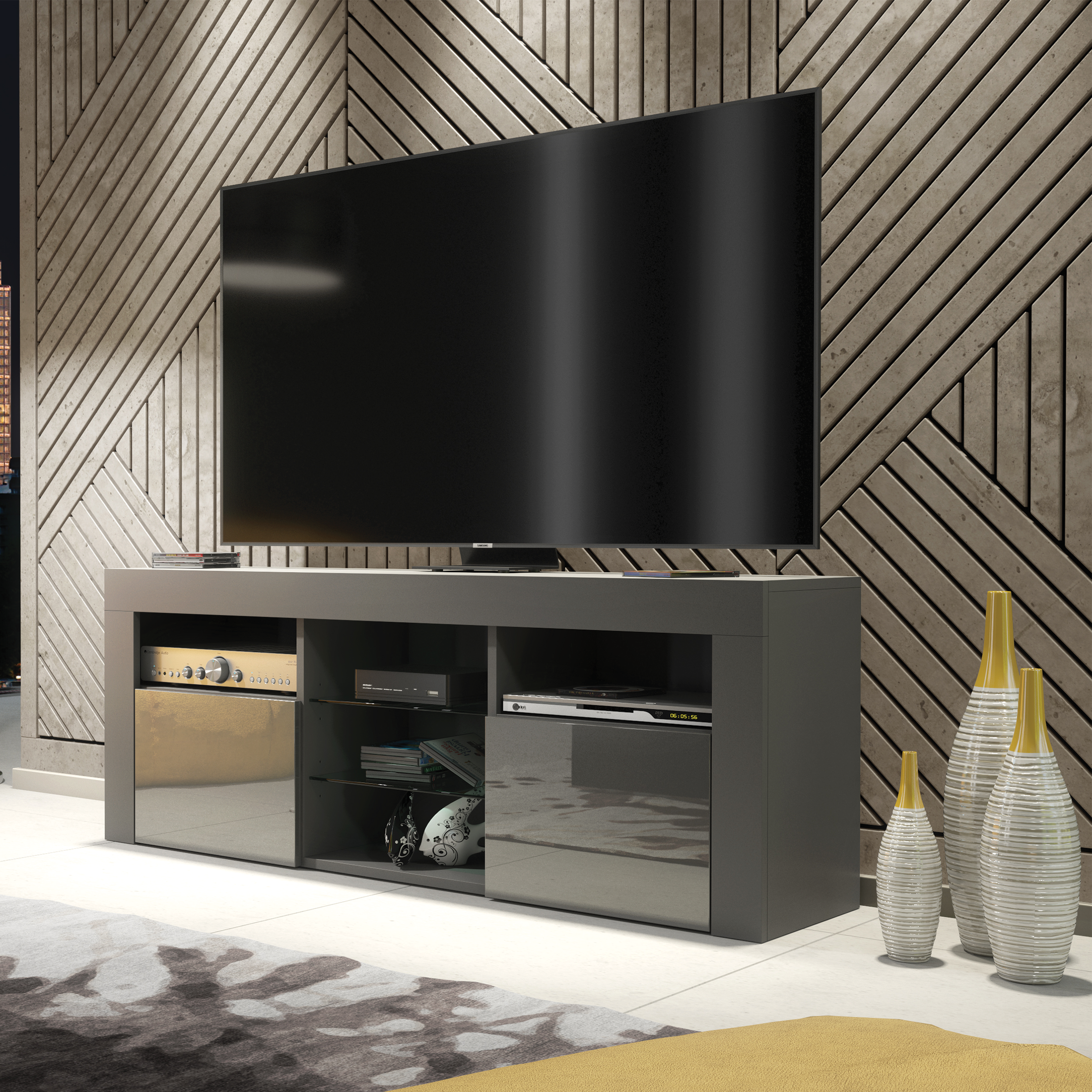 AMBA Modern TV Unit Stylish Storage Cabinet with Gloss Doors 145cm - Grey - Maximillian Hub